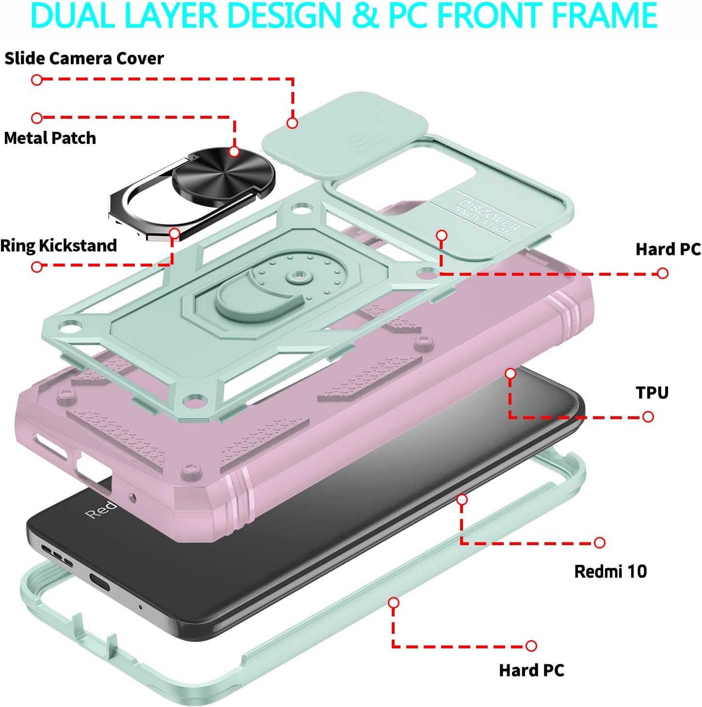 Anouke for Redmi 10 Case, Redmi 10 Cover with 3 Pcs Tempered Glass Screen Protector Built in Ring Stand Kickstand + Camera Cover, Hard PC Soft TPU Defender Full Body Protective Armor Case - Green/Pink - Image 6