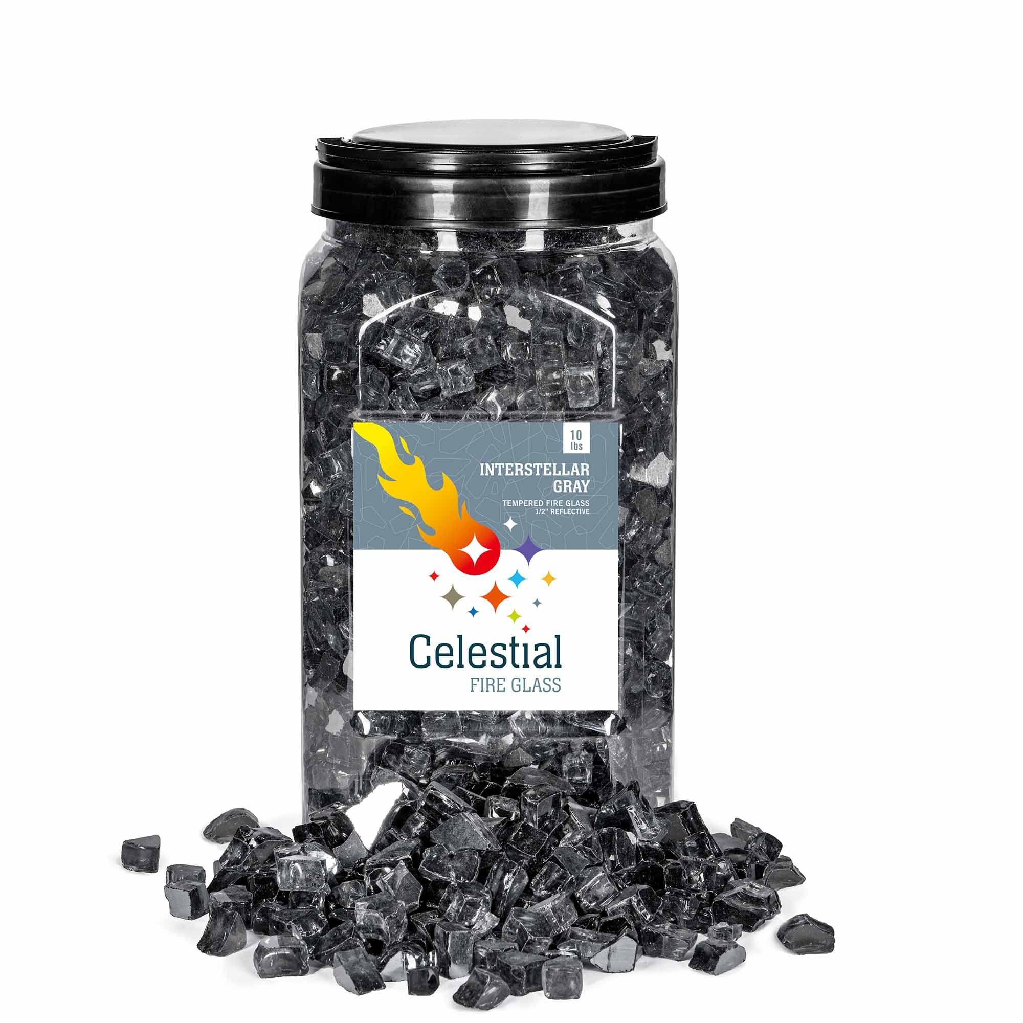 High Luster, 1/2" Reflective Tempered Fire Glass in Interstellar Gray, 10 Pound Jar, by Celestial Fire Glass