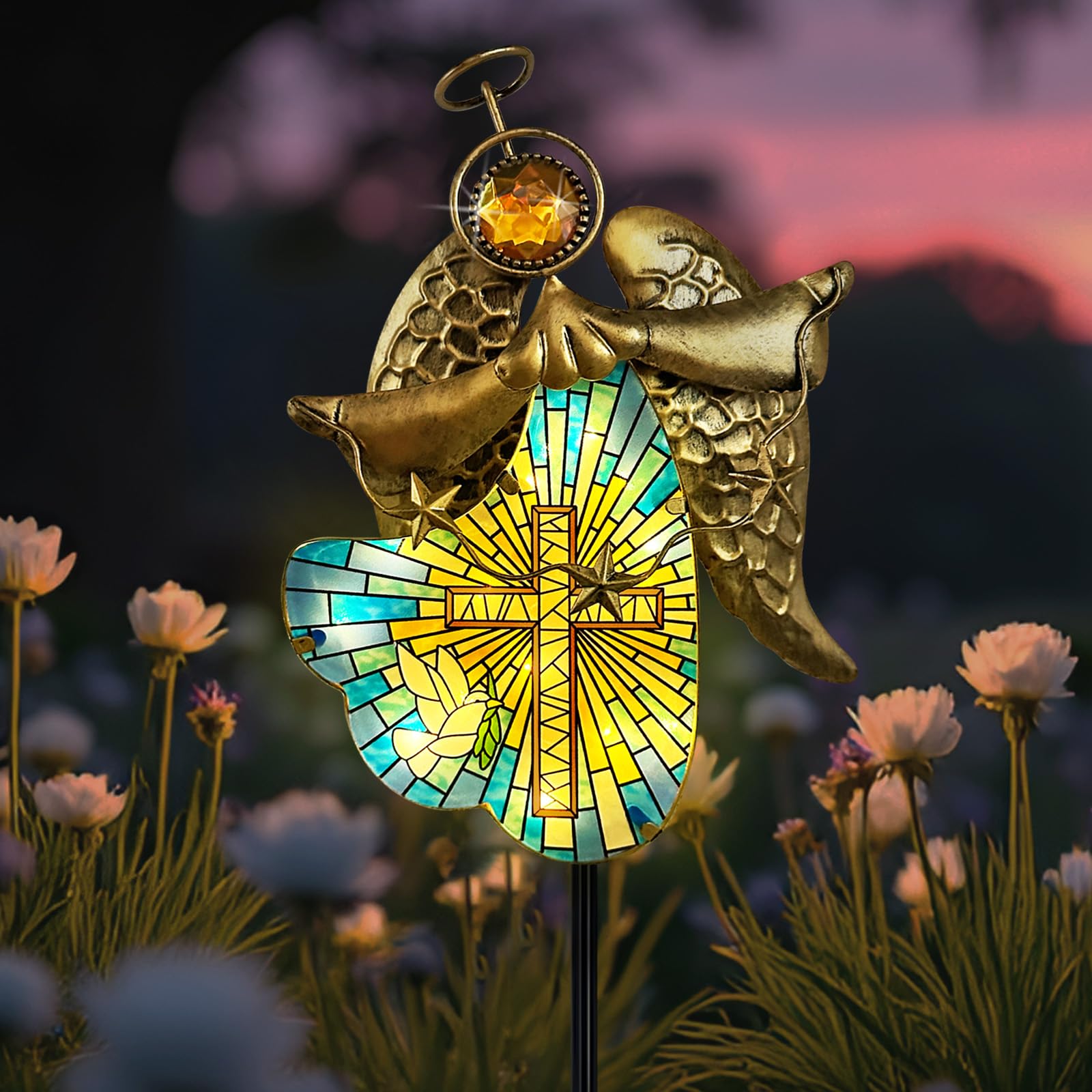 Hokfirm - Solar Cross Graveyard Grave Angel Garden Stake Pathway Light for Yard Cemetery Solar Statue for Angel Garden Decor Outdoor Gifts