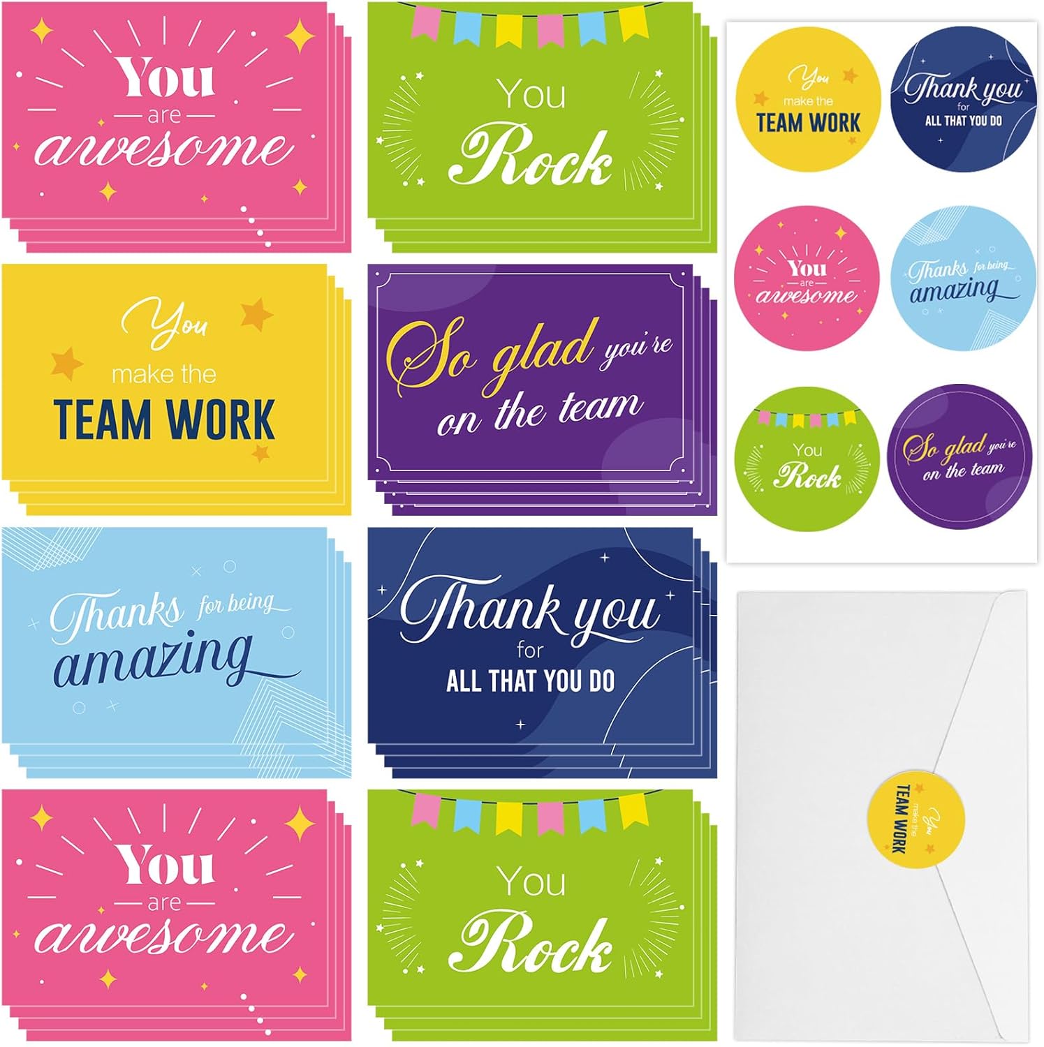 100Pcs Employee Appreciation Cards with Envelopes Colorful Employee Thank You Cards Blank Inside Employee Staff Appreciation Cards Bulk for Teacher Appreciation Gifts Team Staff Thank You Cards 6x4in