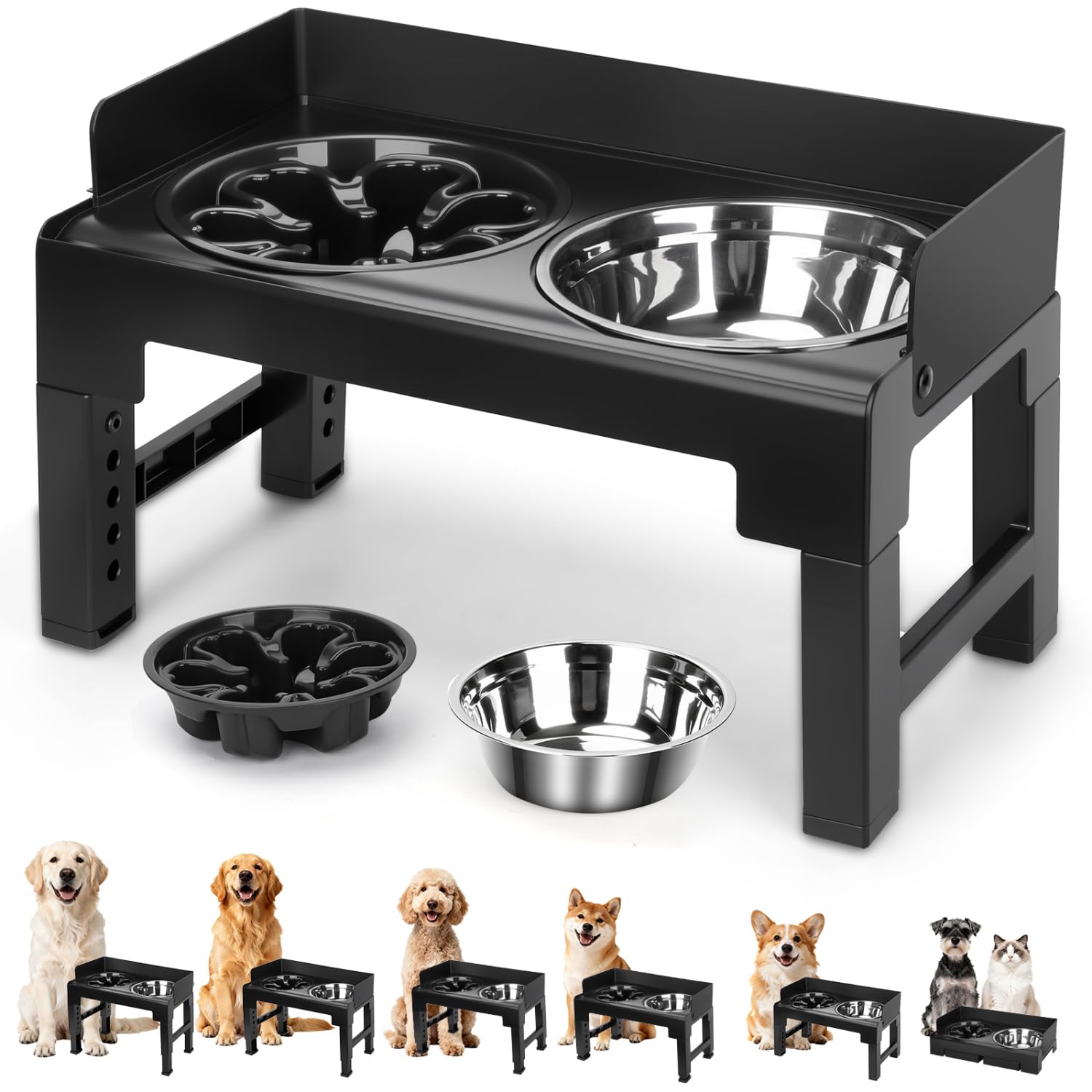 Nobleza Comedero Elevado para Perros Ajustable (6 Alturas), Soporte con Inclinación de 5° o 10° y Borde Antisalpicaduras, 1 x 1000ml Cuenco Acero Inoxidable, 1 x 600ml Comedero Perro Antivoracidad