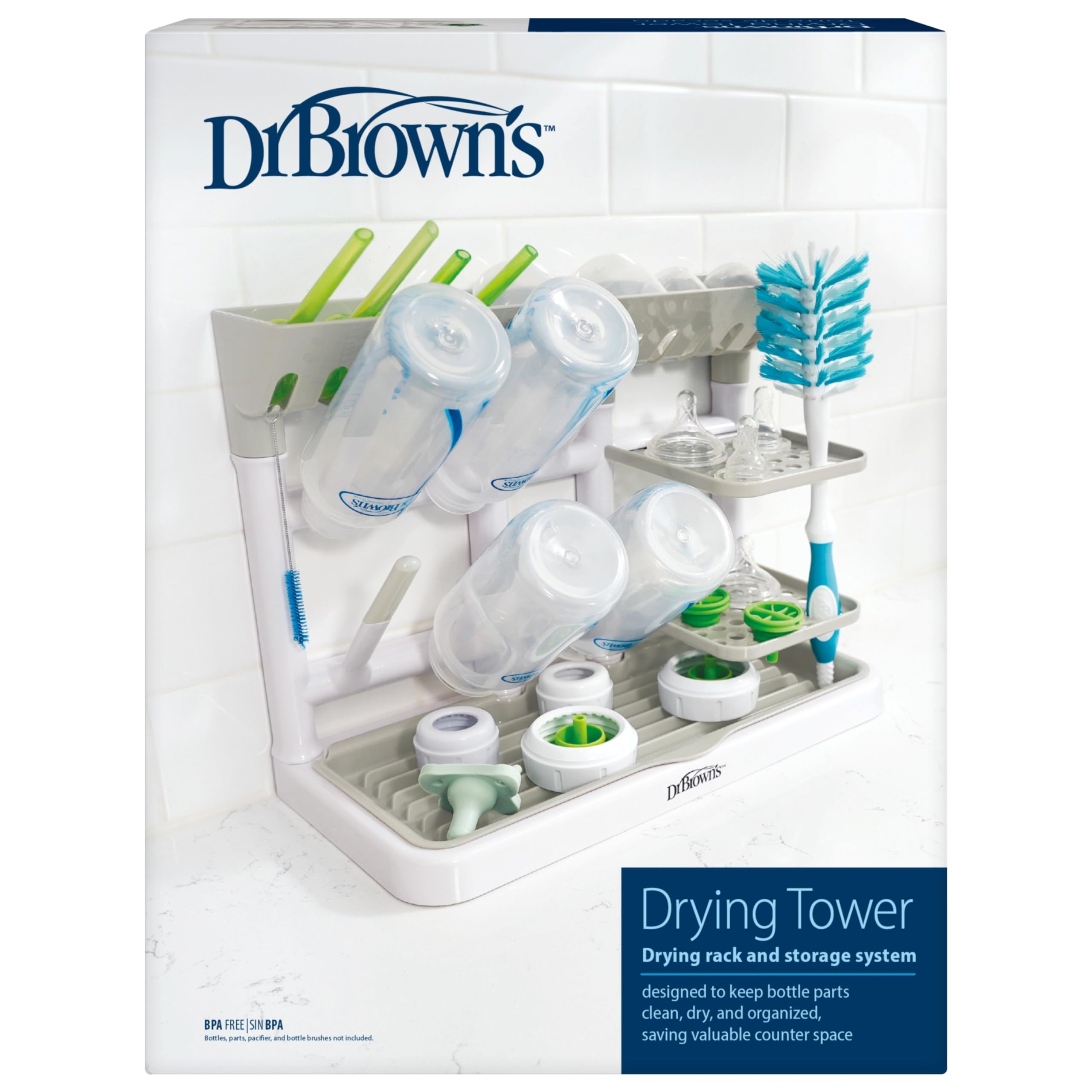 Dr. Brown's Baby Bottle Drying Tower, Stand-Up Countertop Drying Rack with Organized Storage for Baby Essentials, Space Saving Vertical Rack, Gray/