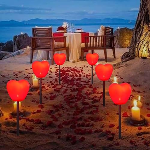 Miniatura 8 de Abkshine Juego de 6 luces solares de corazón rojo para decoración del día de San Valentín, luz impermeable en forma de corazón para jardín, camino,