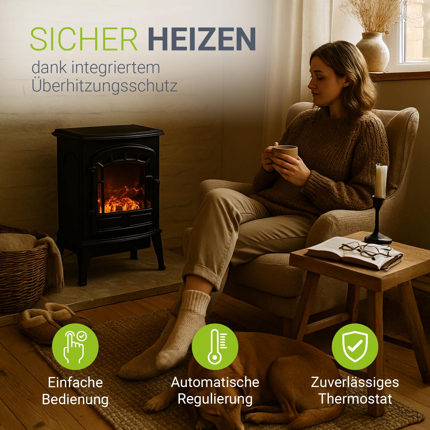 Juskys® Elektrokamin 2000 W — Schwarz, elektrischer Standkamin mit Flammeneffekt, 2 Heizstufen, Thermostat & Sicherheitsabschaltung für Wohnzimmer