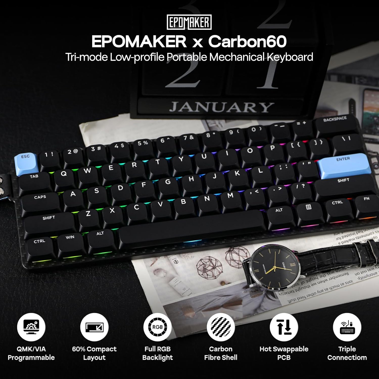 EPOMAKER Carbon60 QMK/VIA Wireless Mechanical Keyboard, 60% Compact Layout, Tri-Mode BT/2.4GHz/USB-C, Carbon Fiber Design, Hot Swappable (Gateron Low-Profile Brown Switch)