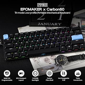 EPOMAKER Carbon60 QMK/VIA Wireless Mechanical Keyboard, 60% Compact Layout, Tri-Mode BT/2.4GHz/USB-C, Carbon Fiber Design, Hot Swappable (Gateron Low-Profile Brown Switch)