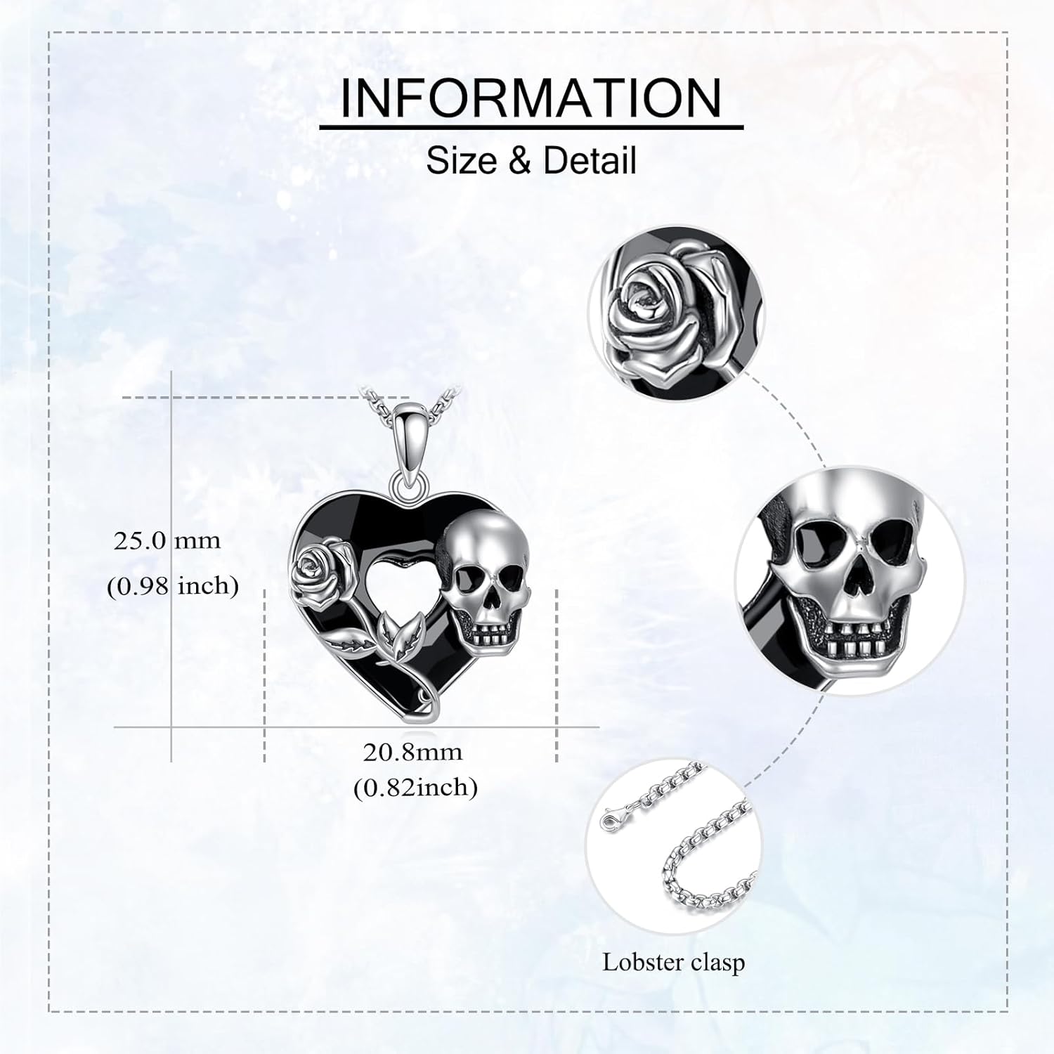 YAFEINI Skull Necklace 925 Sterling Silver Skeleton Heart Black Crystal Pendant Necklace Gothic Jewelry Halloween Gifts for Women Men - Image 3