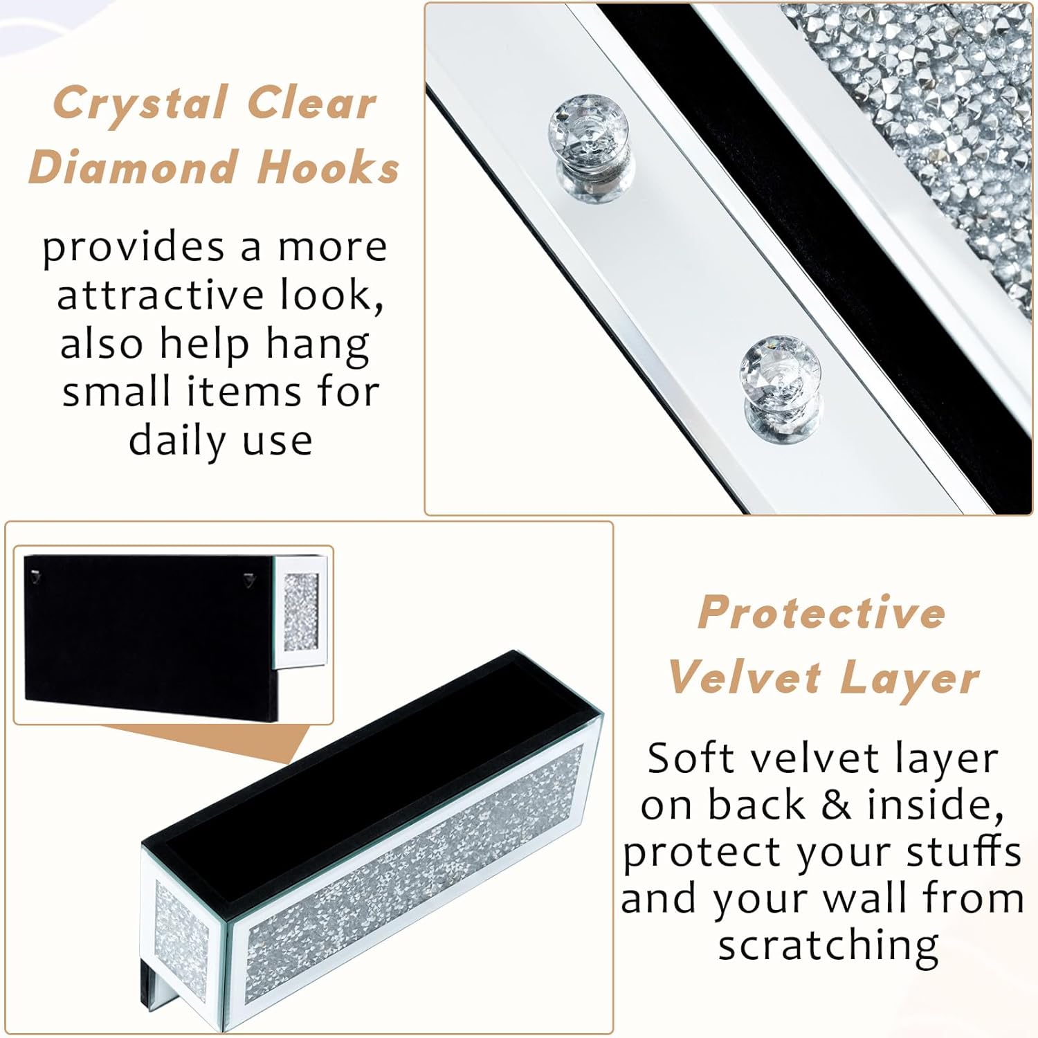 Crushed Diamond Key and Mail Holder for Wall, Crystal Mail Organizer Wall Mount, Mirror Mail and Key Holder Wall Mount for Entryway and Home Decor