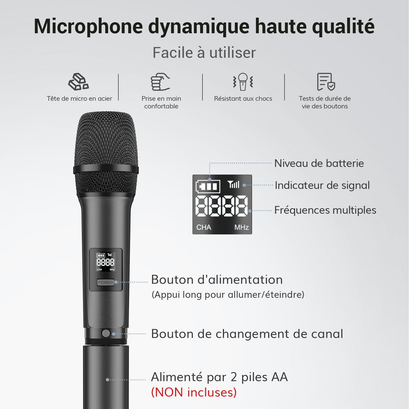 TONOR Microphone sans Fil Dynamique TW450, Système Karaoké avec Récepteur, 2x5 UHF, 60M