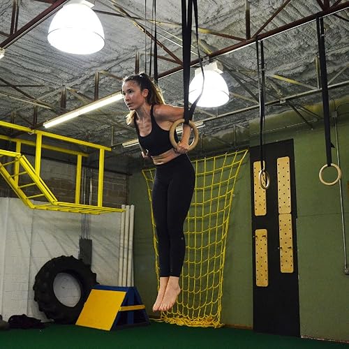 Miniatura 4 de Titan HD - Barra de dominadas para montar en la pared con anillos olímpicos de gimnasia de madera de 8 pulgadas, correas gruesas resistentes y de