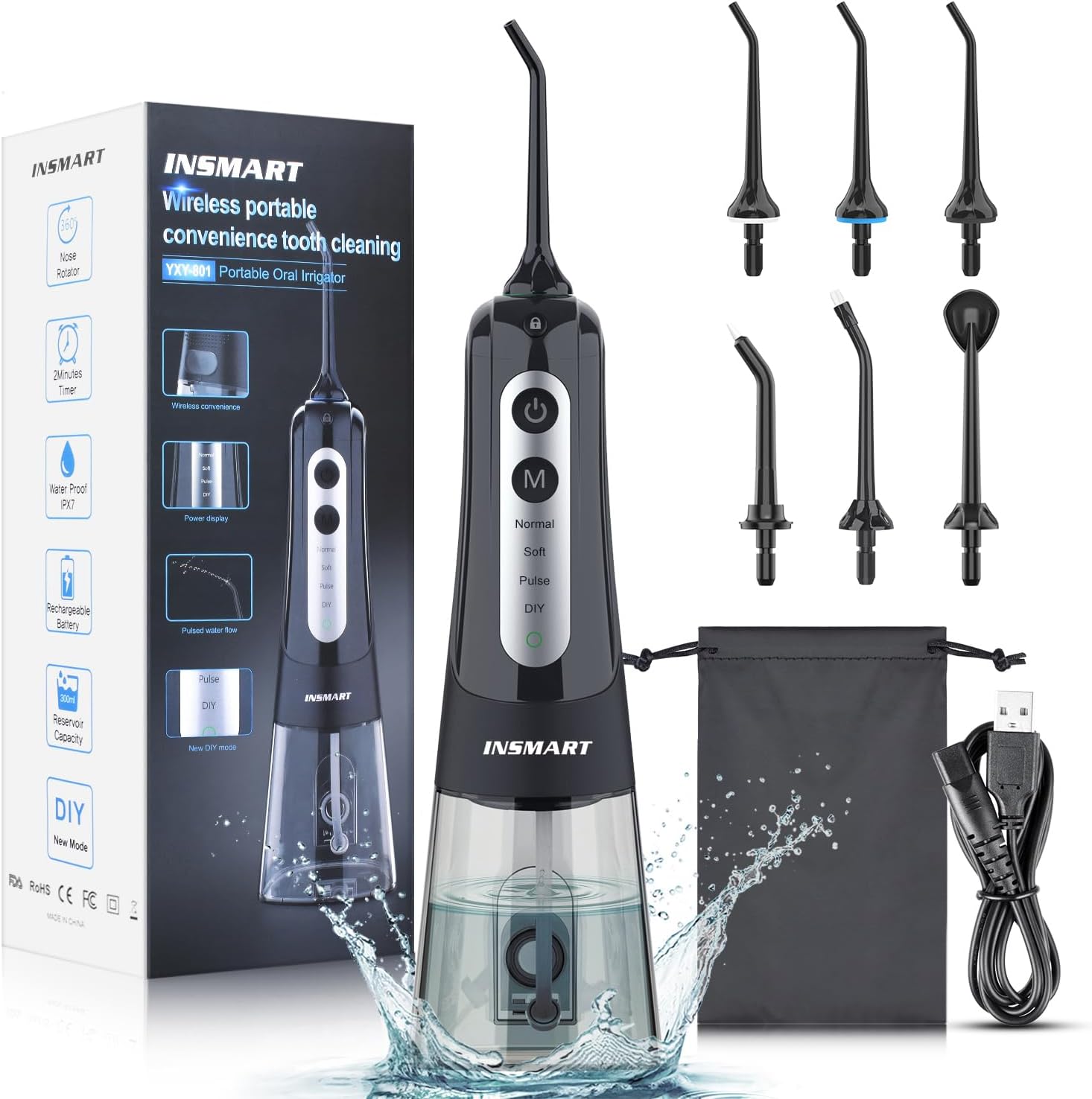 INSMART Water Flosser professional cordless dental oral irrigator in black, featuring a 300ml water tank, DIY mode with 6 pressure settings, and IPX7 waterproof design for home and travel use.