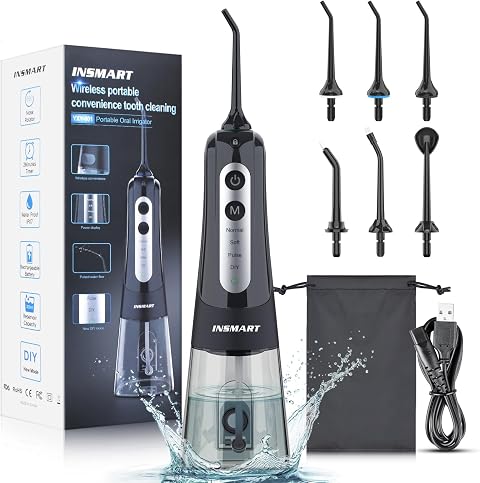 Cordless Water Dental Flosser Teeth Cleaner, INSMART Professional 300ML Tank DIY Mode Rechargeable Dental Oral Irrigator for Home and Travel, IPX7 Waterproof 6 Modes Irrigate Oral Care (Black)