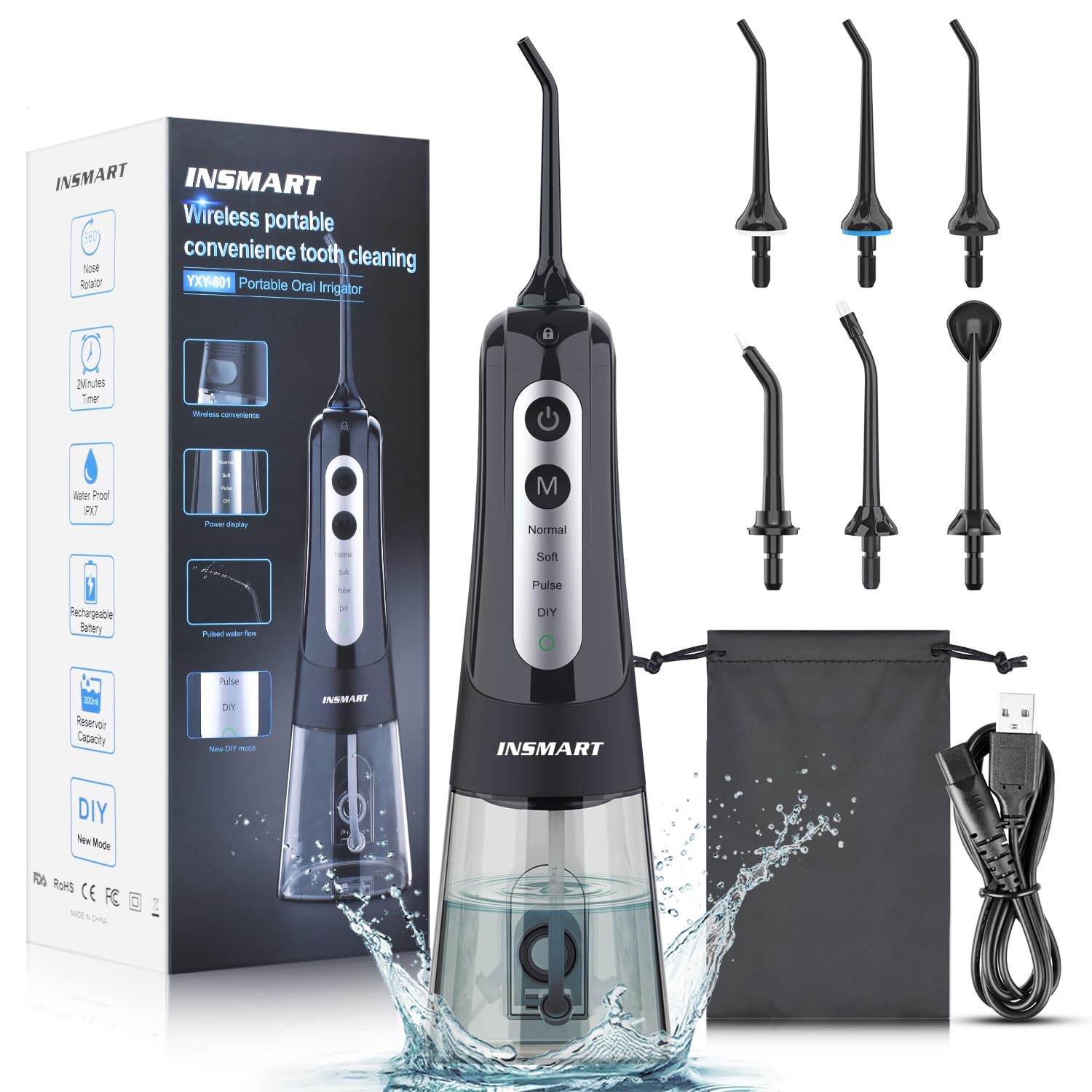 Water Flosser for Teeth Cordless, INSMART Electric Water Dental Pick Portable Oral Irrigator 4 Modes & 6 Jet Tips, 300ML Water Jet Tooth Cleaner Gentle on Gums, Removes Plaque & Food Particles, Black