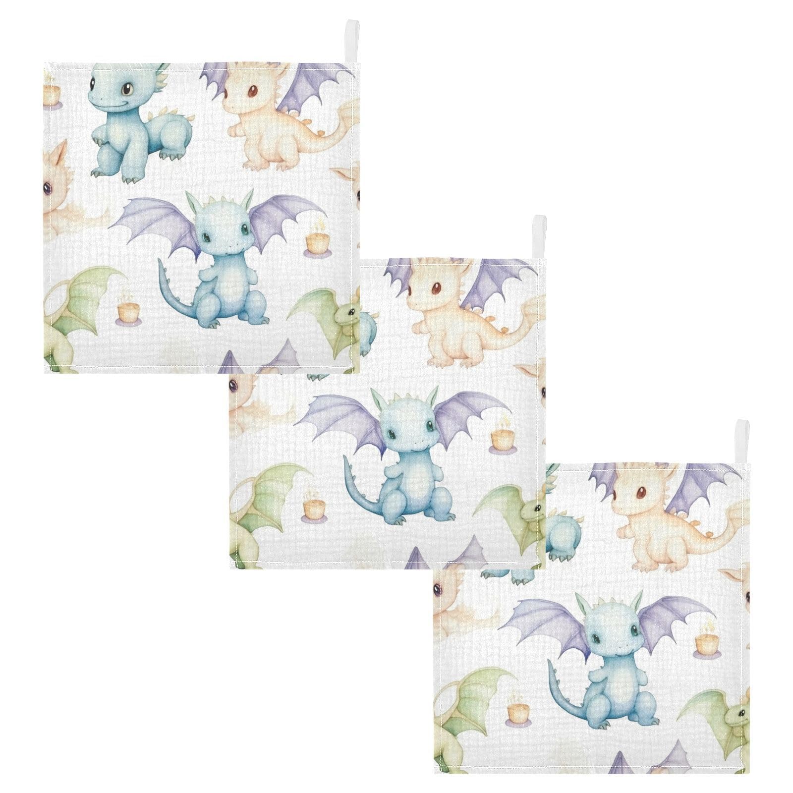 Bulletgxll Cute Little Dragons Baby Washcloths, Soft and Absorbent Wash Cloths, Baby Bath Towel, Face Towel for Newborns, Infants, 5 Pack, 12x12 inches