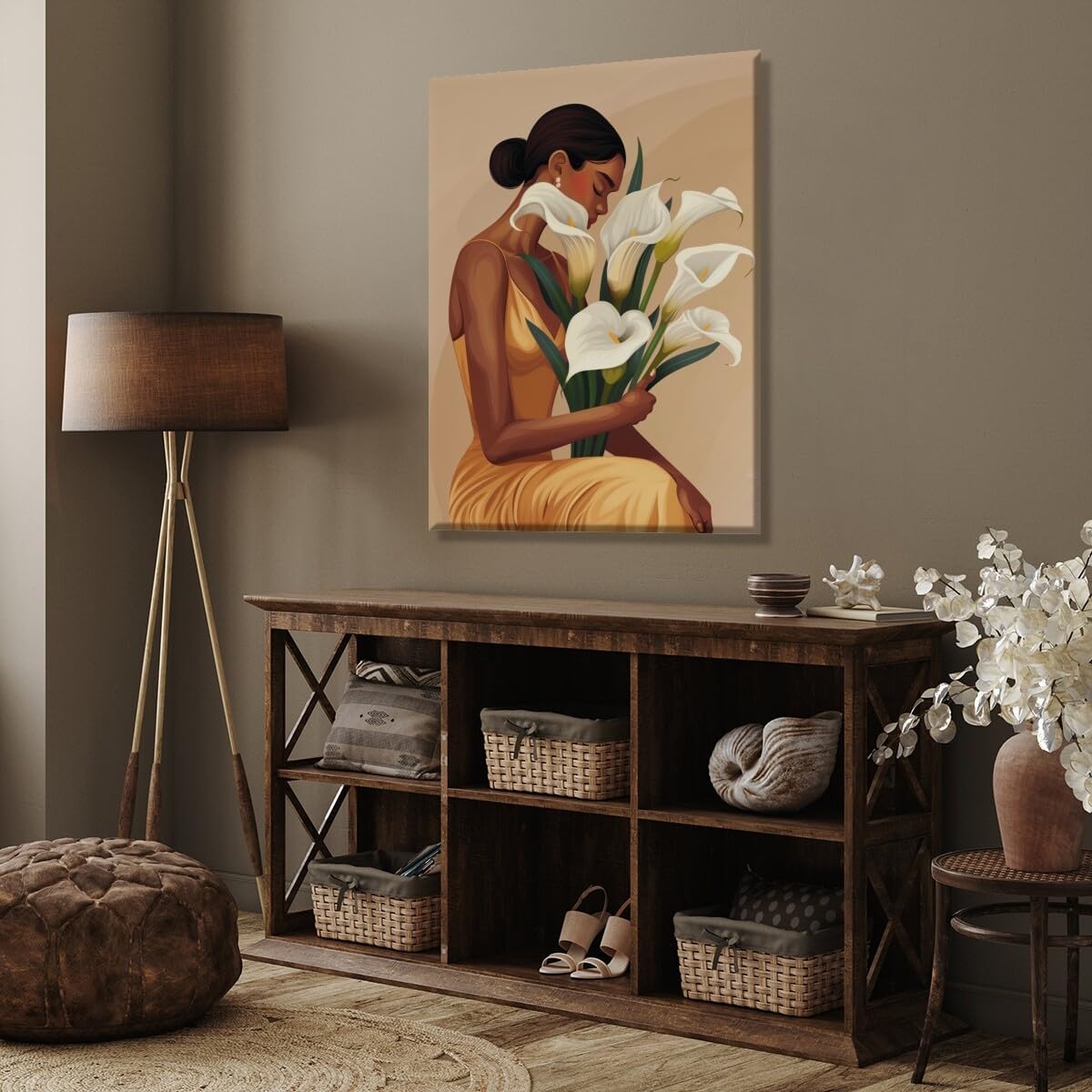 Mexican Boho Diego Rivera Style Wall Art Golden Dress Beautiful Calla Lilly Flower Posters Print Vintage Home Decor Artwork for Room Decor Aesthetic Framed24x32inch