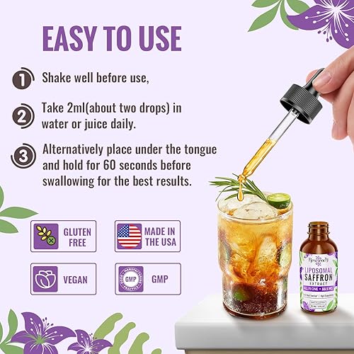 Miniatura 5 de Suplementos de azafrán  88.5 mg de extracto de azafrán mejor biodisponibilidad gotas liposomales para estado de ánimo, energía, visión y enfoque con