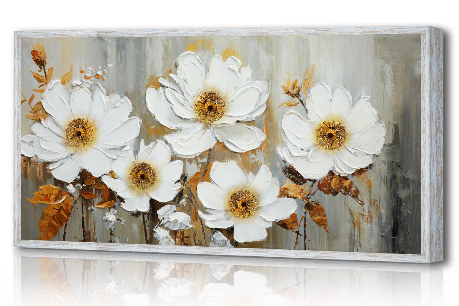 Acocifi Flowers Canvas Wall Art Abstract Flowers Textured Painting, Framed Artwork Picture for Living Room, Retro White and Brown Print for Bedroom Office Bathroom Home Decor Large 58x29 Inch