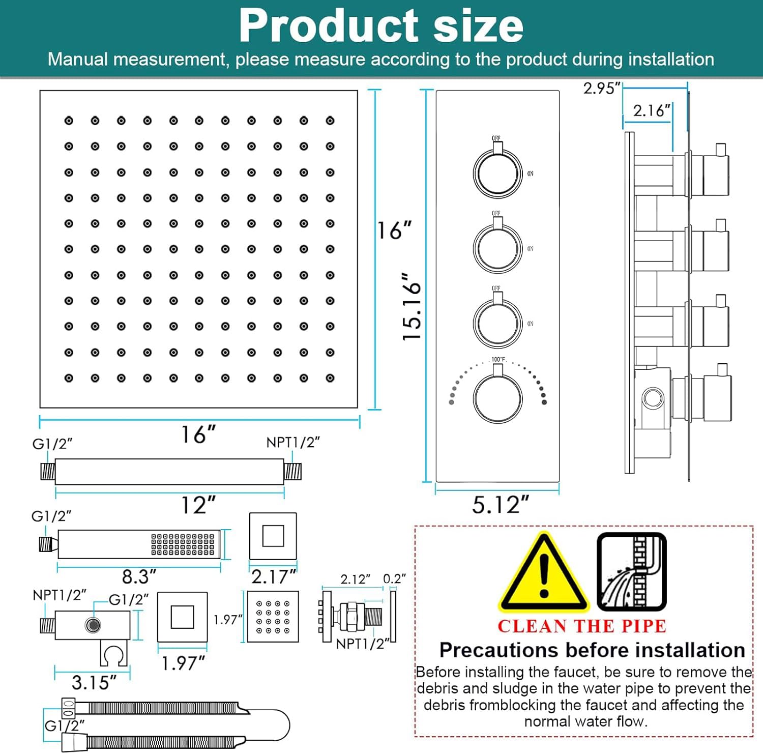 HOMEDEC 16" LED Ceiling Mounted Rain Shower System, 3-Way Thermostatic Diverter Valve with 6 Body Sprays, All Functions Work Simultaneously, Black