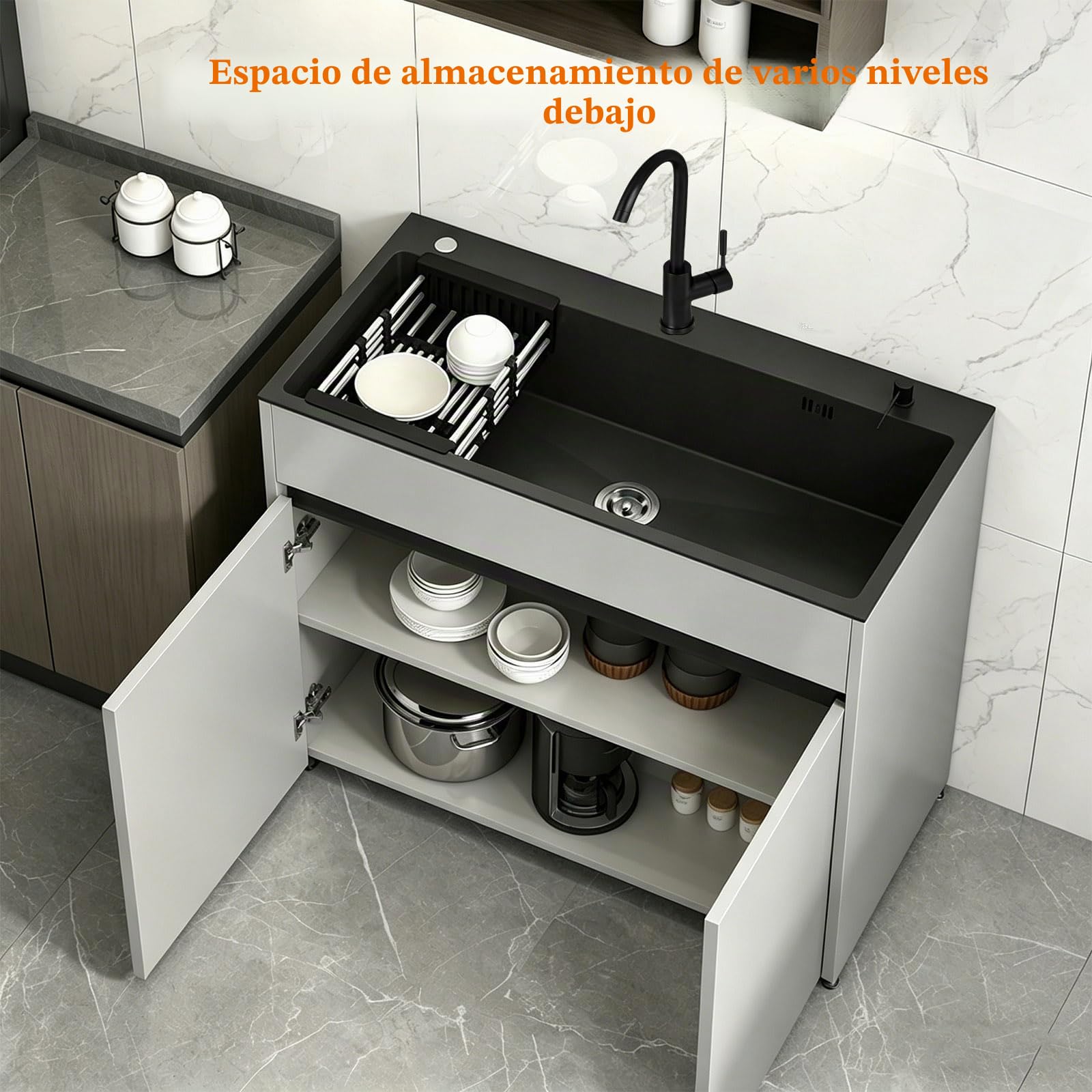 Mueble de Fregadero Autónomo de Acero Inoxidable Antioxidante, con Grifo, Dispensador de Jabón y Escurridor Extraíble, Apto para Cocinas Pequeñas, Garajes y Talleres Domésticos.