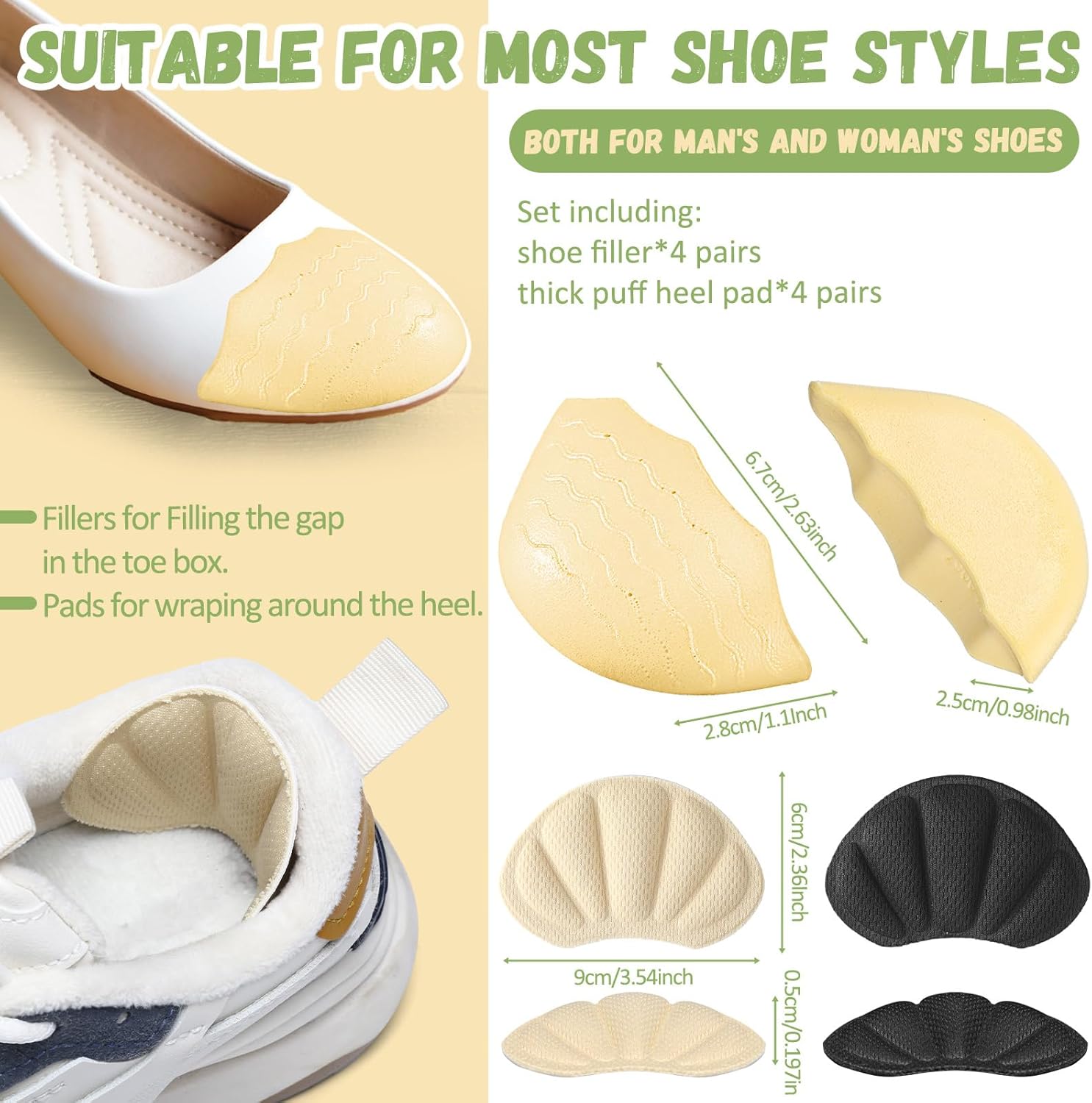 Cuffbow 8pcs Shoe Filler and Heel Pad Set Toe Cushion Fillers for Too Big Shoes Heel Cushions for Women Toe Inserts Size Reducer Make Shoes Fit