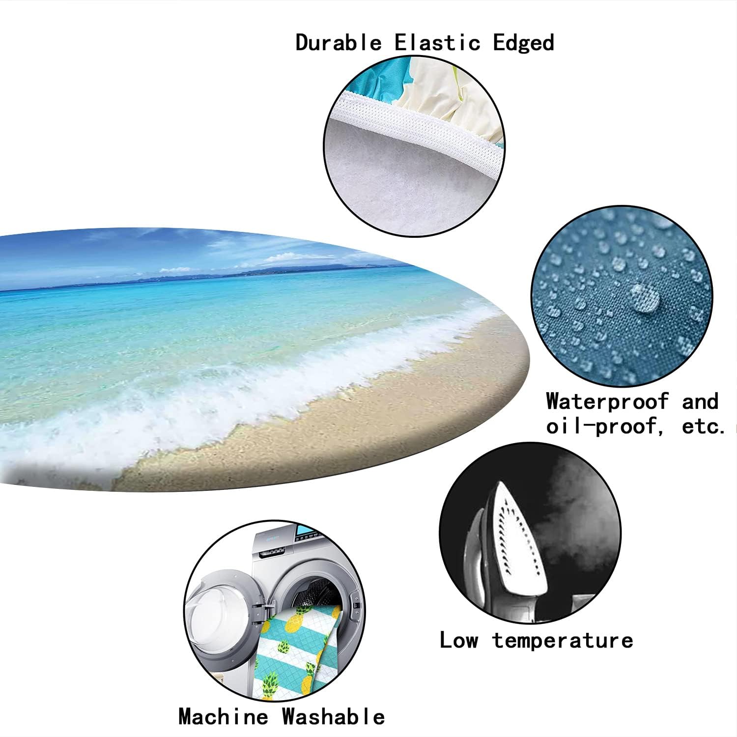 Beach Pattern Round Fitted Tablecloth,Elastic Edge,Suitable for Catering and Kitchen Can Wipe Dining Round Table coverr,Turquoise Cream,for 57" to 68" Round Tables