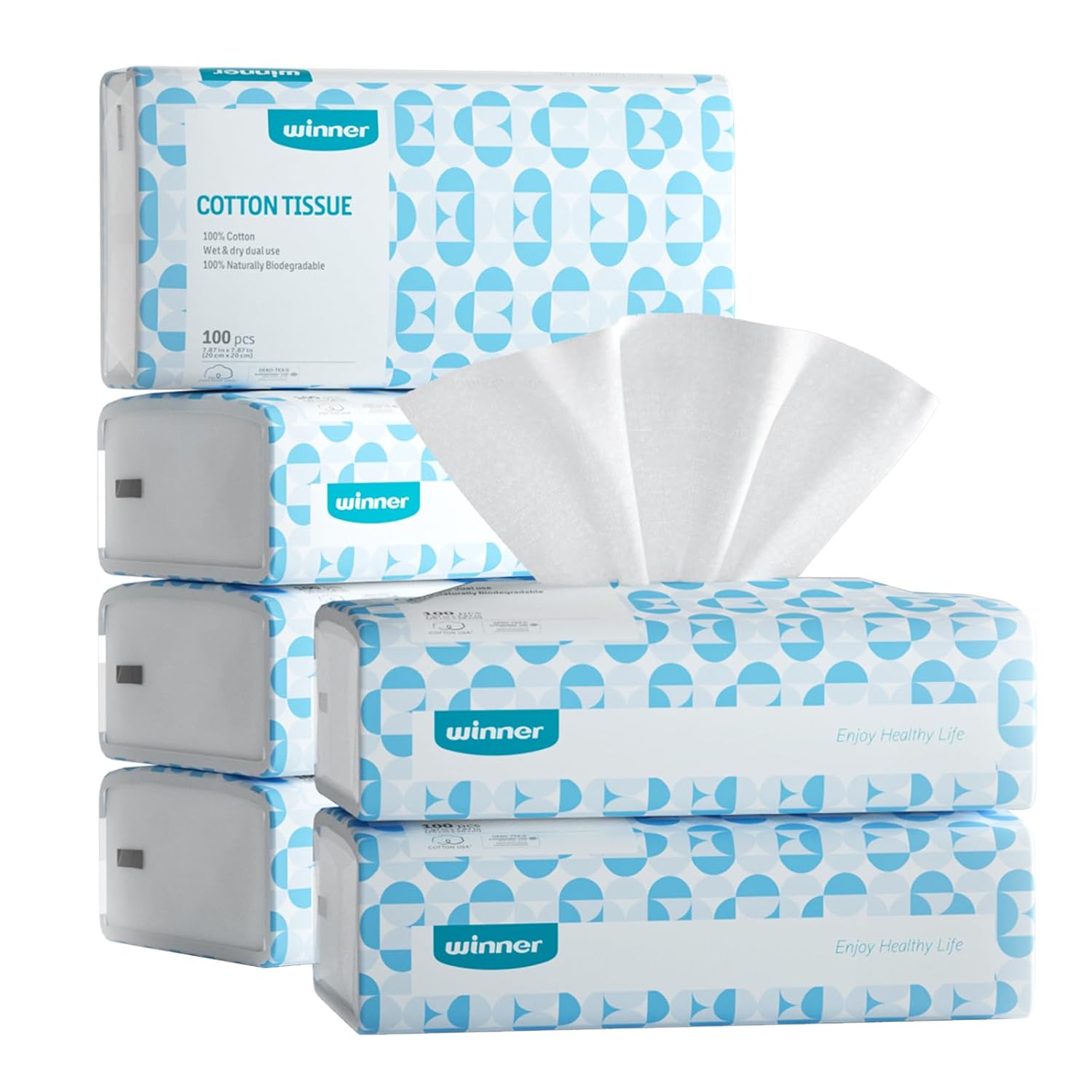 Winner Soft Face Towels - 100% USA Cotton Dry Wipes, 600 Count Unscented Cotton Tissues for Sensitive Skin, OEKO-TEX Certified Face Towelettes Disposable, Makeup Remover Facial Towels, 6 Pack