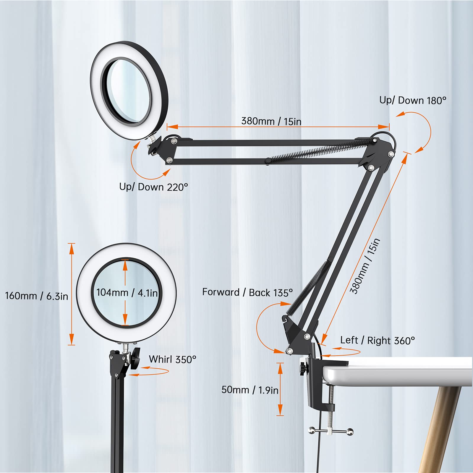 LED Lupenleuchte BEIGAON Lupen Schreibtischlampe, 3 Farbmodi, 38cm Verstellbarer Schwenkarm Lupenlampe, 105mm Glaslinse, 72LED Licht Glaslinse, mit Klemme für Reparaturen, Basteln, Lesen, Nähen
