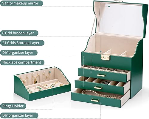 Miniatura 2 de Vlando Caja organizadora de joyas de terciopelo grande, caja de almacenamiento de joyas de 5 capas con espejo y cerradura, bandeja apilable y 3
