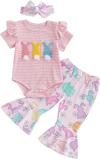 Sasaerucure Newborn Infant Baby Girl Easter Outfit Short Sleeve Bunny Romper + Flare Pants + Headband 3Pcs Clothes