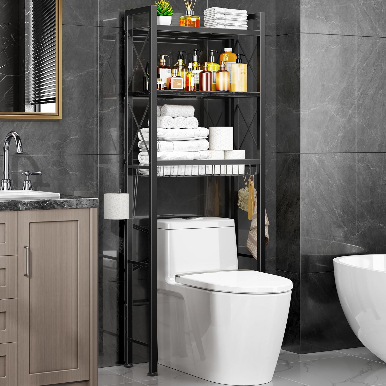 Over The Toilet Storage with X Shape Side Guardrail, 3-Tier Over Toilet Storage Rack with Drain Basket, Freestanding Bathroom Organizer for Balcony Laundry, Pure Black