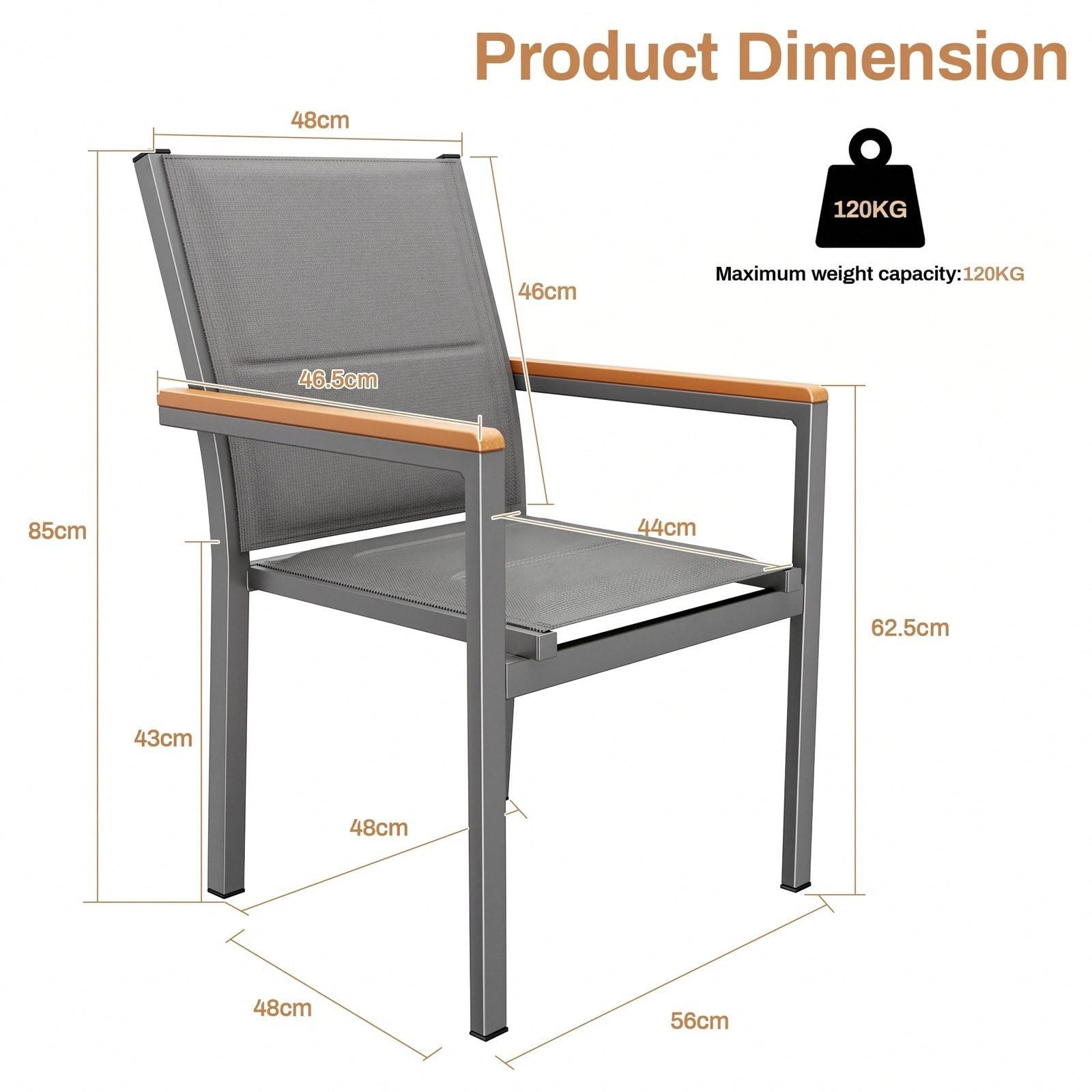 LIFERUN Juego de 2 sillas de jardín de aluminio, con respaldo acolchado y asiento, silla de comedor apilable, pasamanos de WPC, sillas de balcón, para terraza, balcón, terraza, piscina, restaurantes
