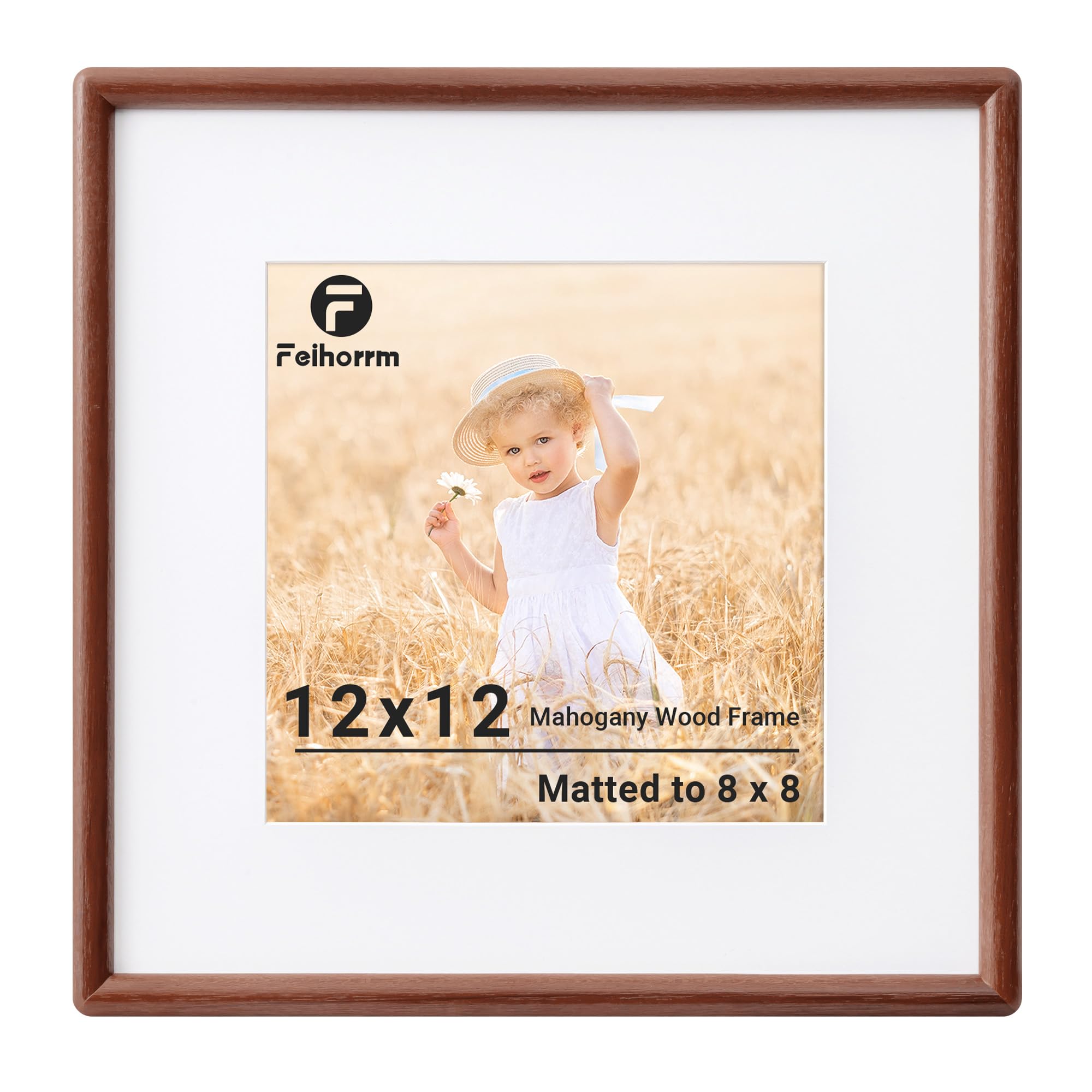 Feihorrm 12x12 Picture Frame, Mahogany Solid Wood Photo Frame, 30x30 Picture Frame, 12x12 Frame Matted to 8x8 Photos, Handcrafted Rounded Corners with HD Tempered Glass, Wall Mount Display