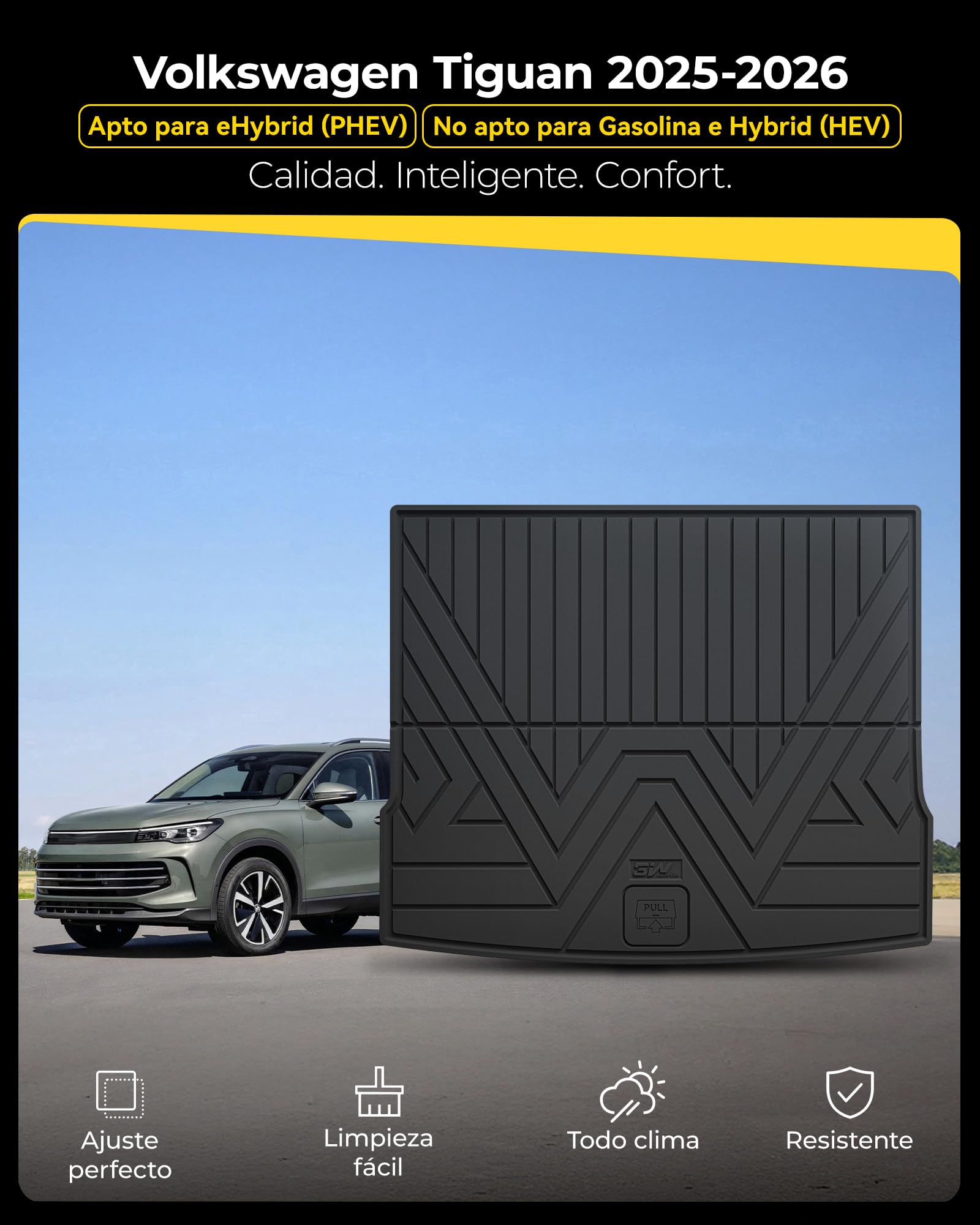 3W Alfombrilla de Maletero para Volkswagen Tiguan III 2025-2026 (PHEV), Apto para Mascotas, Thorex™ Protector para Todo Clima, Antideslizante e Impermeable, Accesorios de Coche