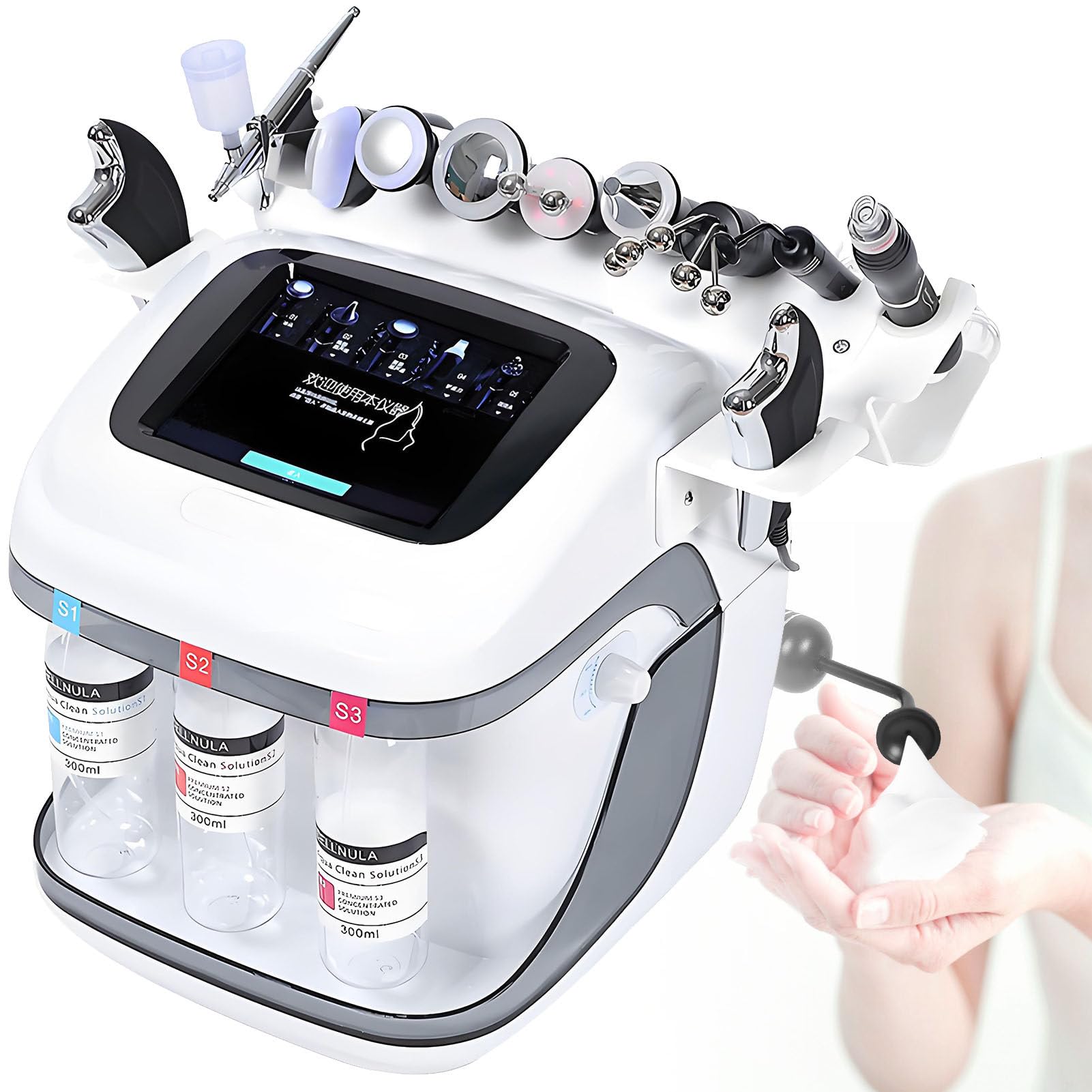 10-w-1 Urządzenie do Pielęgnacji Skóry z Mikropęcherzykami,Oczyszczanie,Anti-Aging,Nawilżanie,Naprawa,10 Głowic Zabiegowych I 3 Butelki z Roztworami