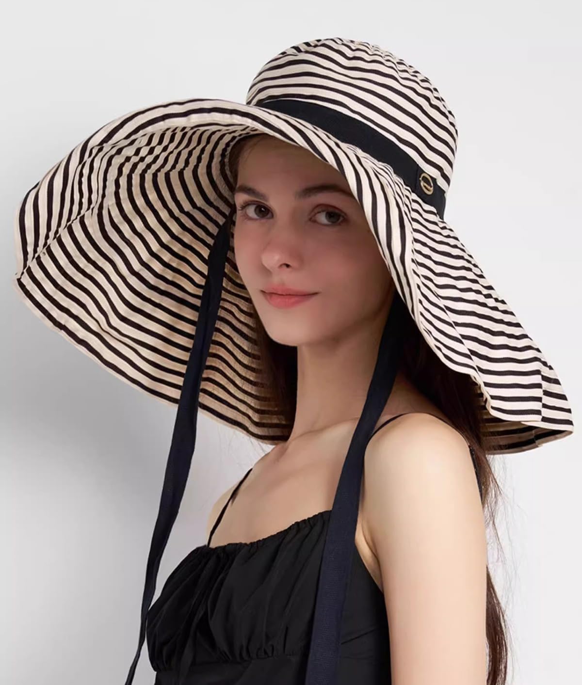 URAWOW UV Protection Sun Hats for Women Wide Brim Bucket Hat Beach Summer Neck Black White Fashion