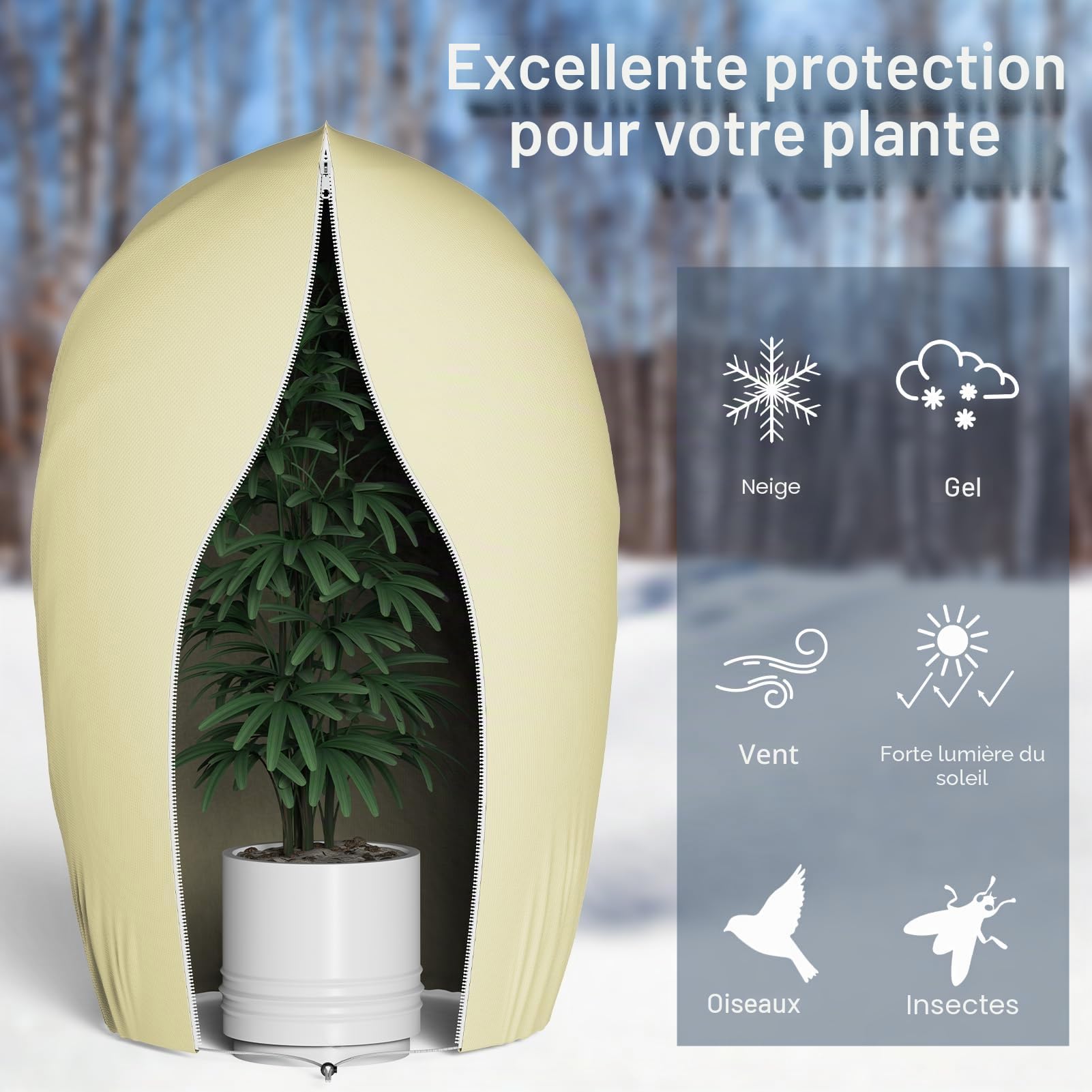 Lot de 2 protections hivernales pour plantes d'extérieur, 200 x 240 cm, protection hivernale pour plantes en pot, avec fermeture éclair et cordon de serrage, protection hivernale pour arbre, palmier