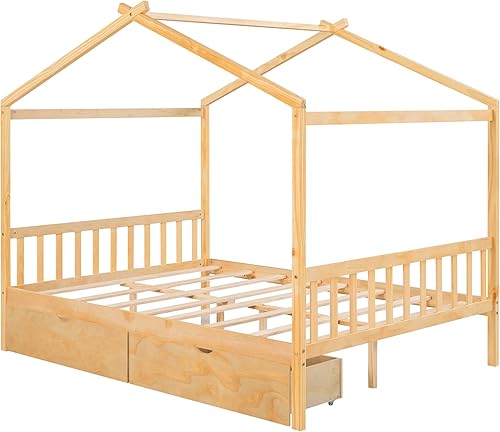Miniatura 6 de Harper & Bright Designs Cama de casa de tamaño matrimonial para niños, marco de plataforma de madera Montessori con 2 cajones de almacenamiento,