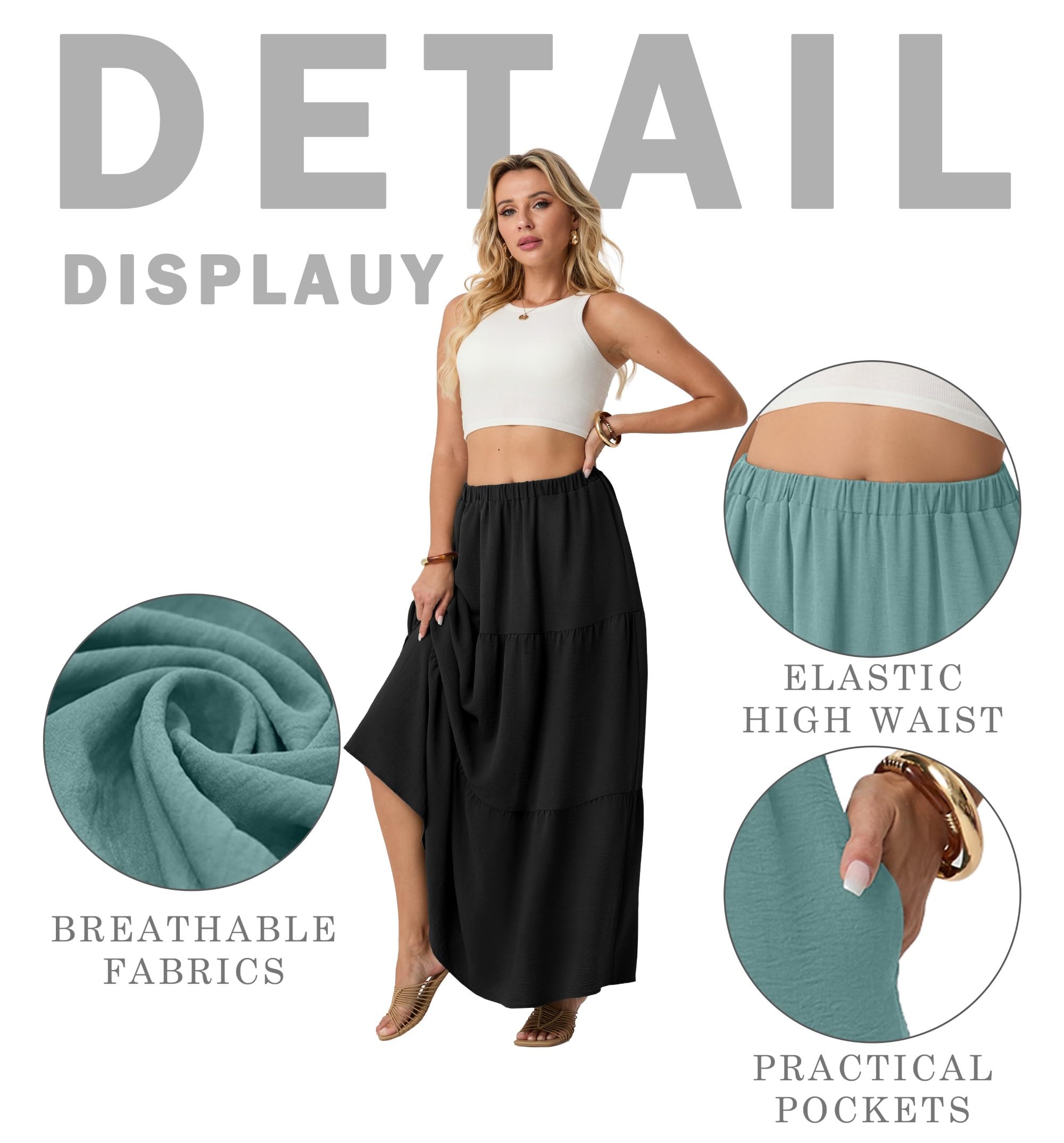 QIXING Maxi gonna da donna in stile bohémien, a vita alta, linea ad A, casual, con tasche, spiaggia e vacanze