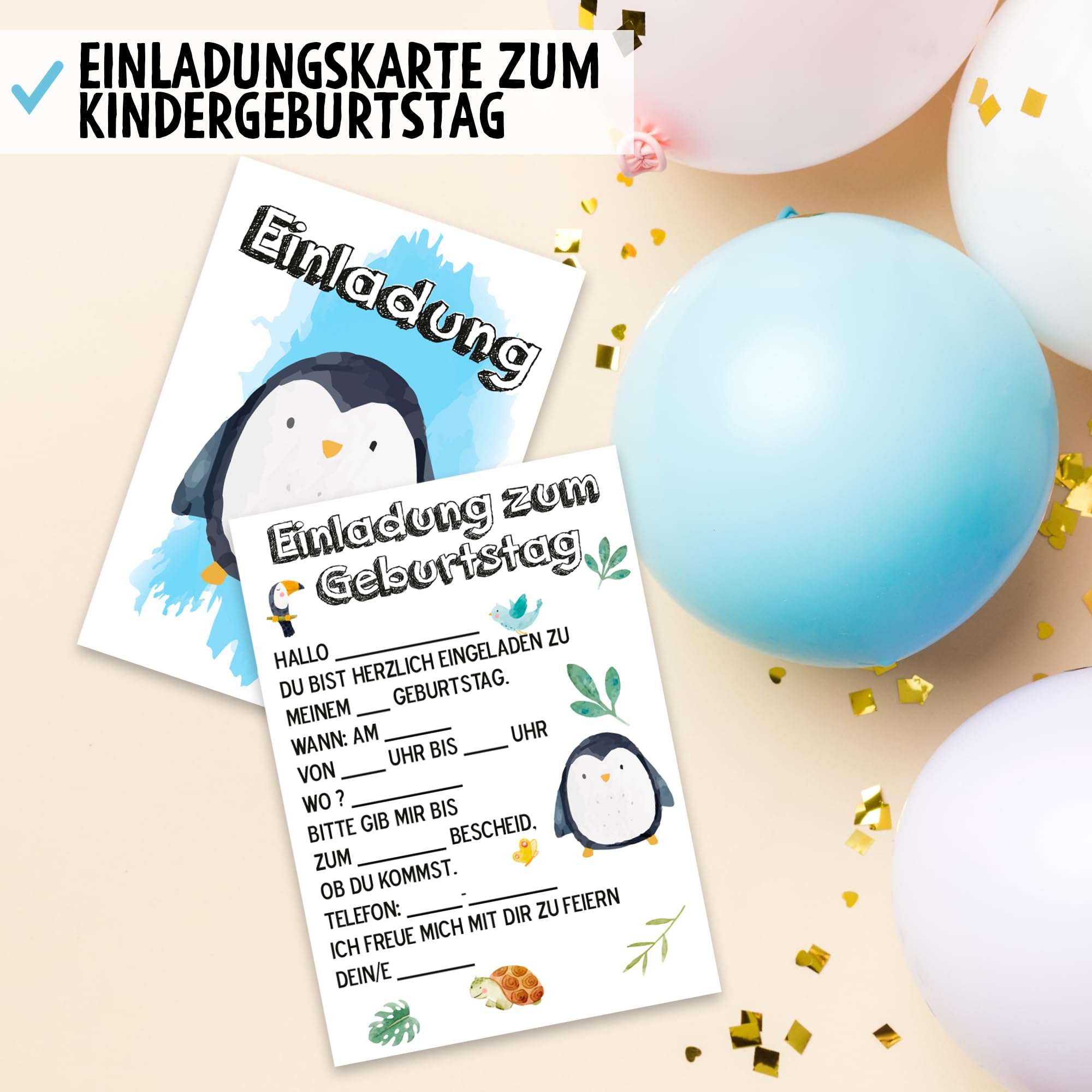 OWLBOOK Pinguin Safari 50 Einladungskarten Kindergeburtstag Junge Mädchen Kinder - Wilde Tiere Geburtstag - Kindergeburtstagseinladungen Wald Tiere Zoo Dschungel Einladungen zum Ausfüllen mit