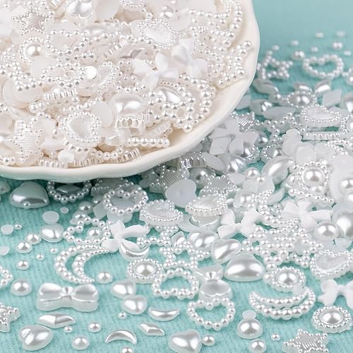 Miniatura 8 de 1200 dijes de uñas multiformas 3D y perlas de parte trasera plana, estilos mixtos de blanco y beige, adornos de corazón y estrella, arco de girasol