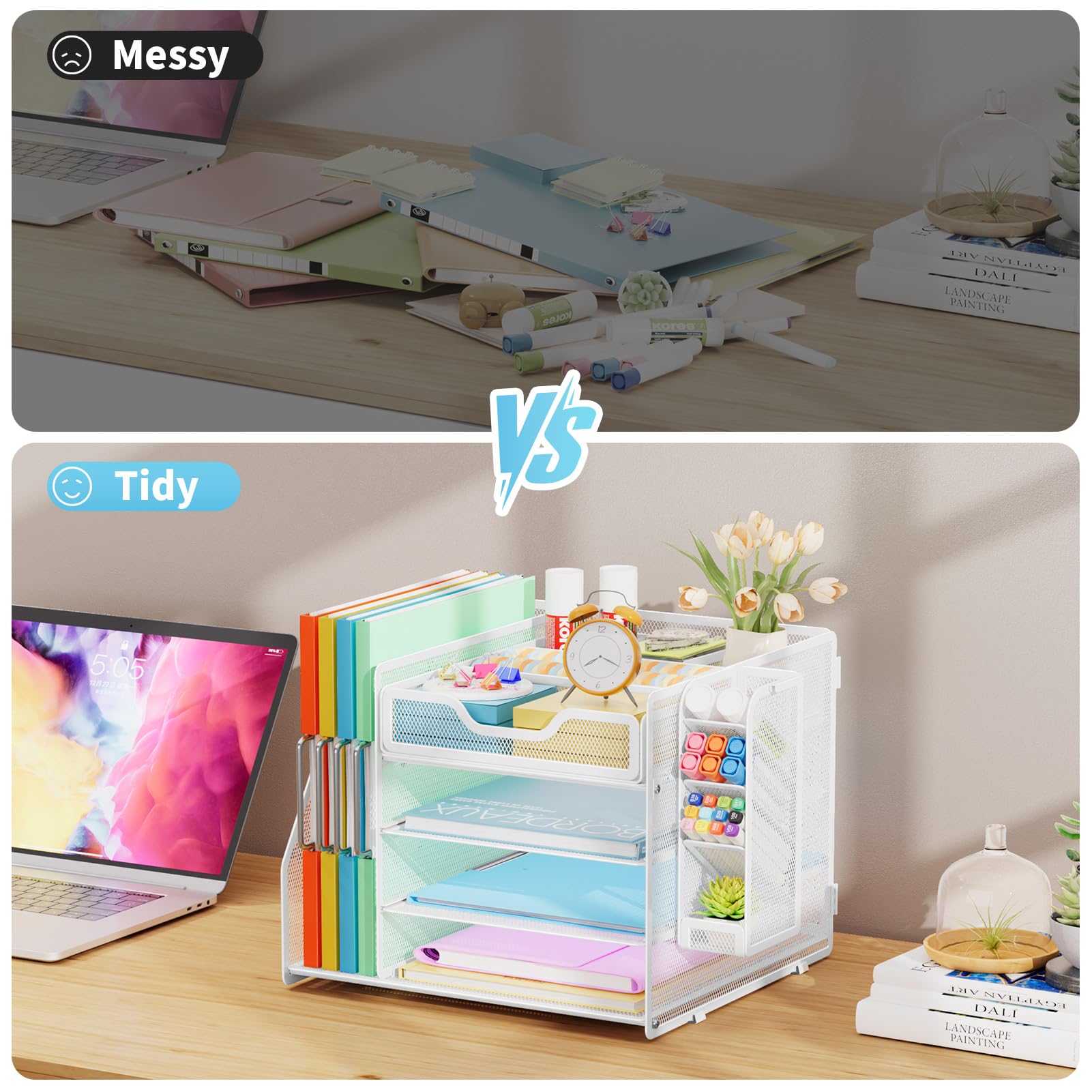 Marbrasse Métal Organiseur De Bureau,4 Niveaux Porte Documents avec Tiroir,Plateau Multifonctionnel pour Papiers Courriers avec Porte-Stylo,pour Bureau,Maison(Blanc)