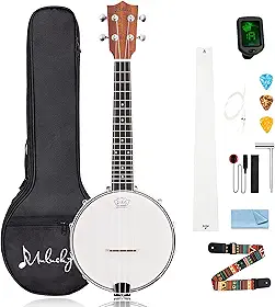 Mulucky Ukulele Banjo de 4 cordas | Banjolele Madeira Sapele de 58 cm com cabeça Remo e cordas de nylon | Kit de viagem marrom escuro (bolsa, afinador, palhetas) - BU806