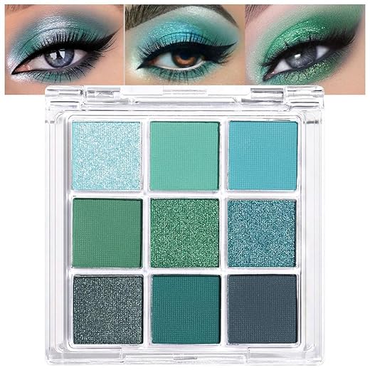 Paleta de sombra verde escuro fosco brilhante, sombra azul-petróleo de longa duração, à prova d'água, sem crueldade, 9 tons misturáveis em acabamentos suaves com lindas pérolas para meninas (verde)-07