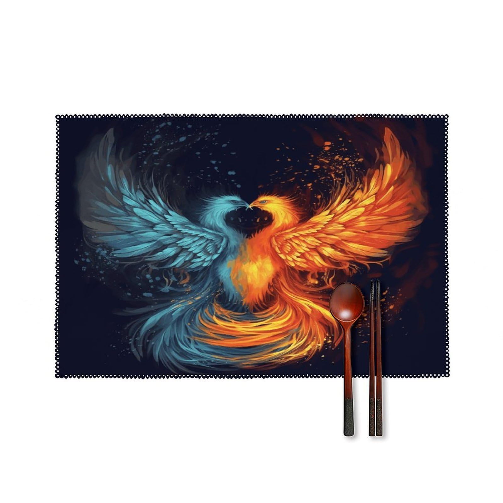 Fire and Water Phoenix Placemats Washable Canvas Place Mats Decoration Placemat for Dining Table Easy to Clean Tables Mat Set of 6 for Kitchen Dining Room Coffee Table