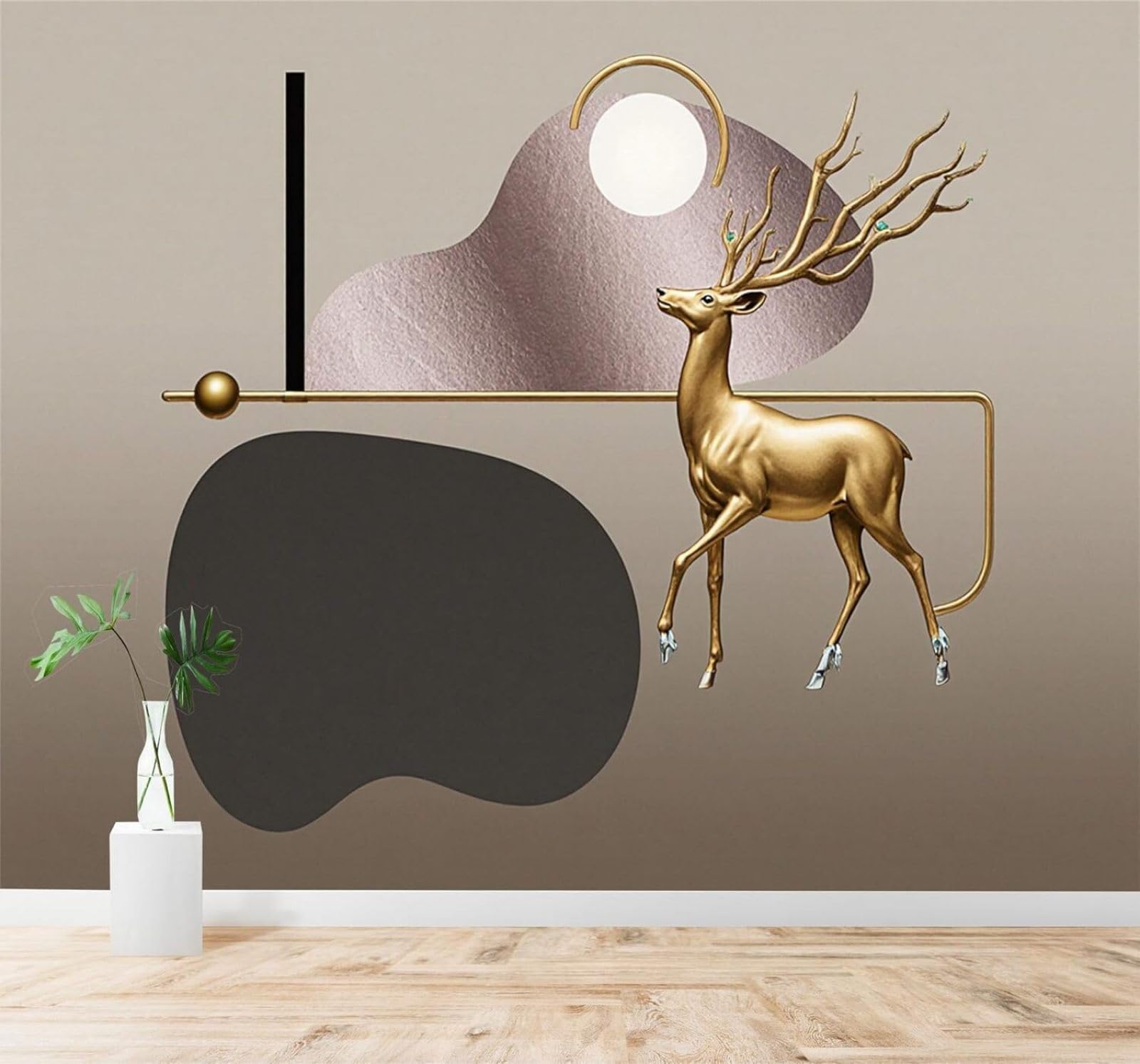 XLMING Golden Deer Moon Abstract Creative Geometric Shapes 3D Wallpaper Silky Texture Home Study Office Grey Dining Room Sofa Bedroom Living Room TV Backdrop-350cm×256cm