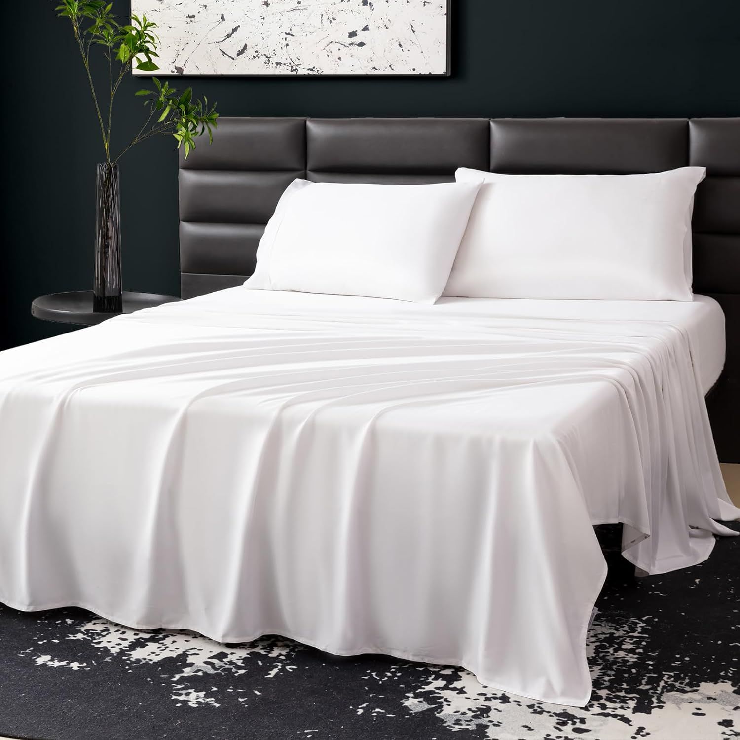 Tencel Lyocell Sheet Set 4 Piece, 100% Eucalyptus Lyocell Sheets Set, Cooler Than Cotton and Linen, Summer Cooling Breathable Bed Sheets for Hot Sleepers, 16 Inch Deep Pockets Queen White