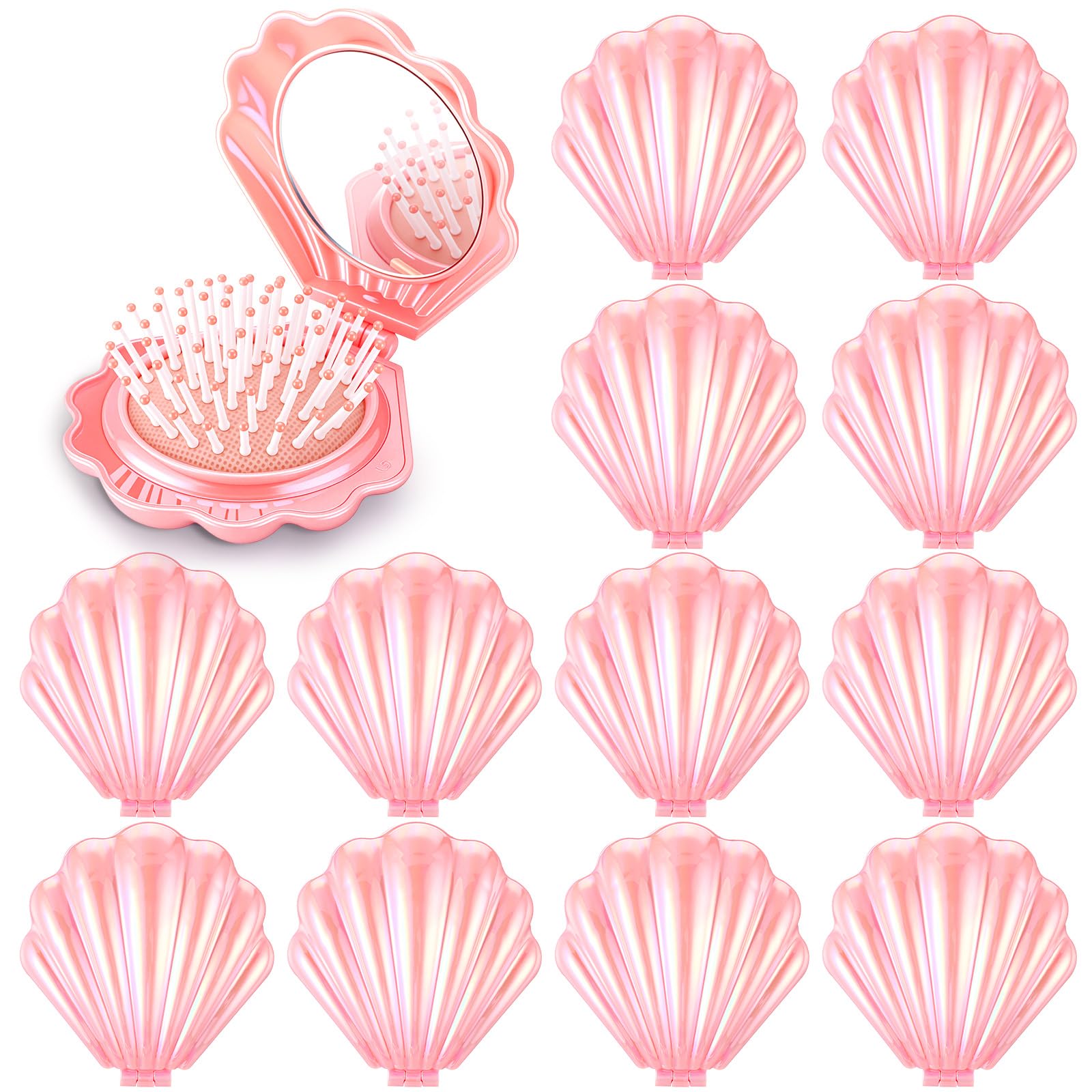 Meanplan 12 mini cepillos plegables de viaje con forma de concha de espejo, espejo de maquillaje, cepillo compacto para masaje de cabello para mujeres y niñas, peinados de despedida de soltera, regalo
