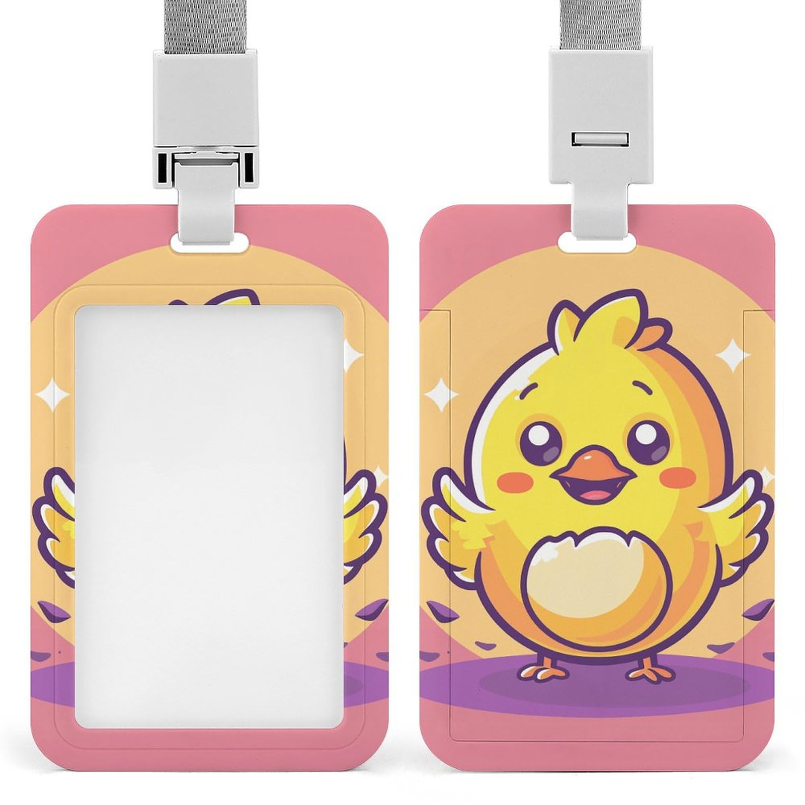 ID Card Holders for Lanyard,Yellow Cartoon Chicken Printed Badge Holder with Clear Window,Plastic Vertical Bus Pass Holders for Work Teacher Nurse Employees Proximity Key Cards Women Men — image 1
