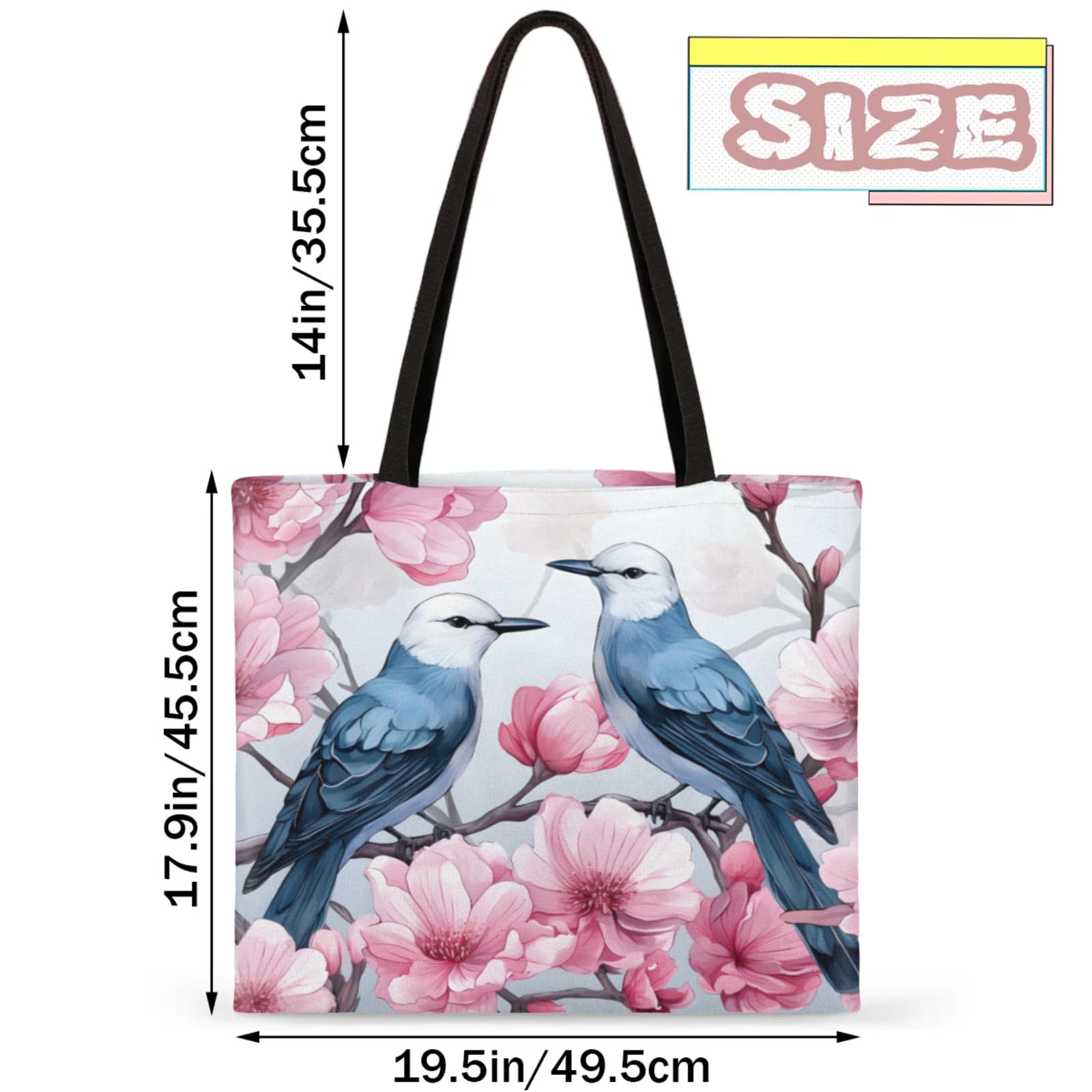 Mularoka Beautiful Branches Flowers Birds Square Canvas Tote Bag Top Handle Purses Stylish Women Canvas Shoulder Tote Bags Reusable Handbags for Work Travel Picnic Beach Shopping Gym Hiking