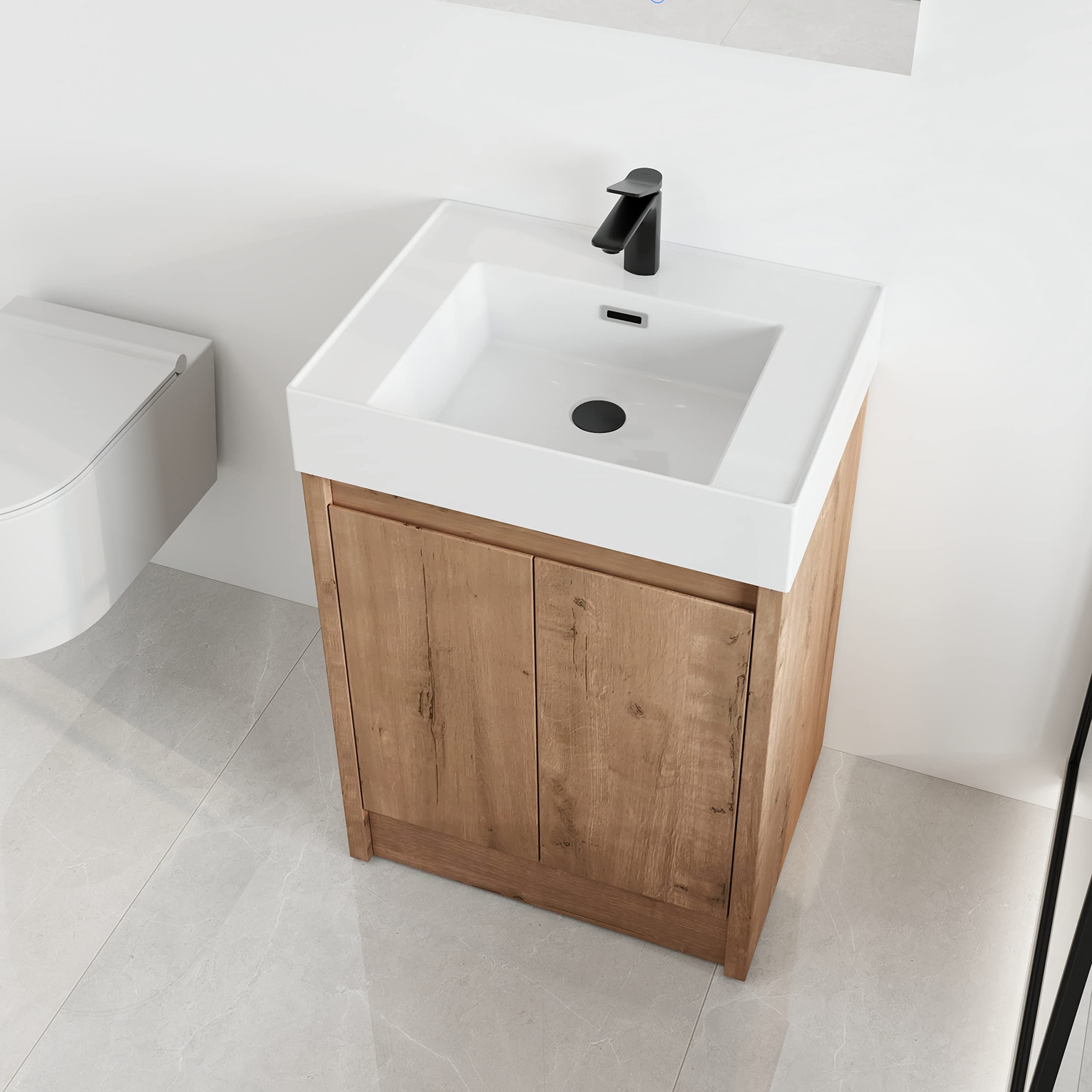 24 Inch Freestanding Bathroom Vanity with Sink, 24'' Floor Standing Bathroom Vanity, Modern Vanity with 2 Doors and White Resin Basin Sink Top (036-24)